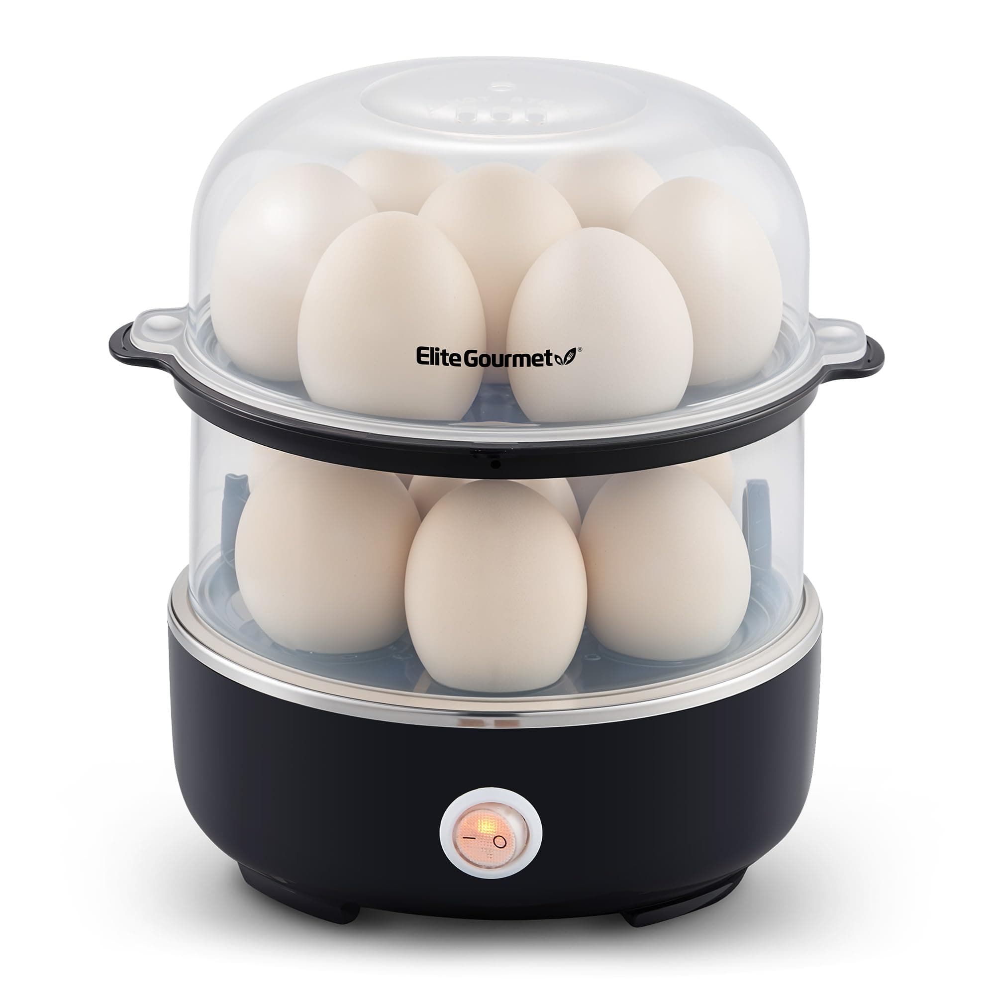 Elite Gourmet EGC1215B Easy Egg Cooker, Stainless-steel Heating Plate, Two-Tiered, 14-Egg Capacity, Soft, Medium, Hard-Boiled, Auto Shut-Off, Omelets, Poached Eggs, Measuring Cup, Piercing Pin, Black