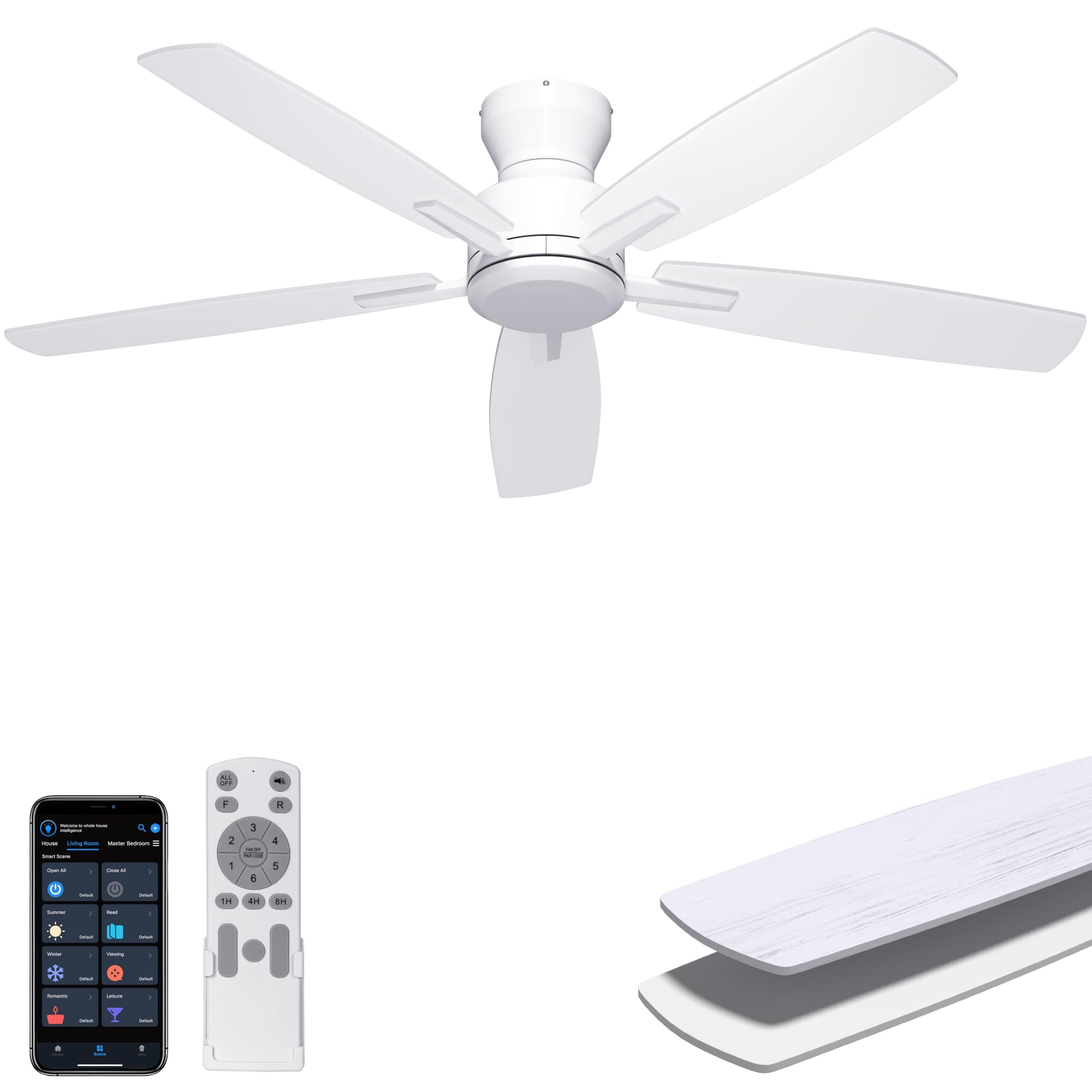 Ohniyou 52'' Low Profile Ceiling Fan No Light, for Indoor/Covered Outdoor