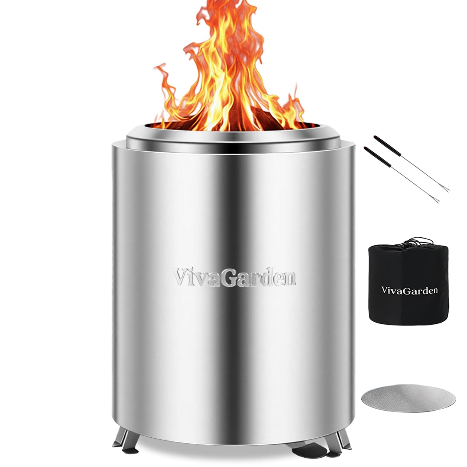 Portable Flame Adjustment Tabletop Fire Pit, VivaGarden Smokeless Table Top Fire Pit, Wood Burning & Pellets Outdoor Camping Stove with Carry Bag, Forks and Mat (9.7x7.1 Inch, Silver)
