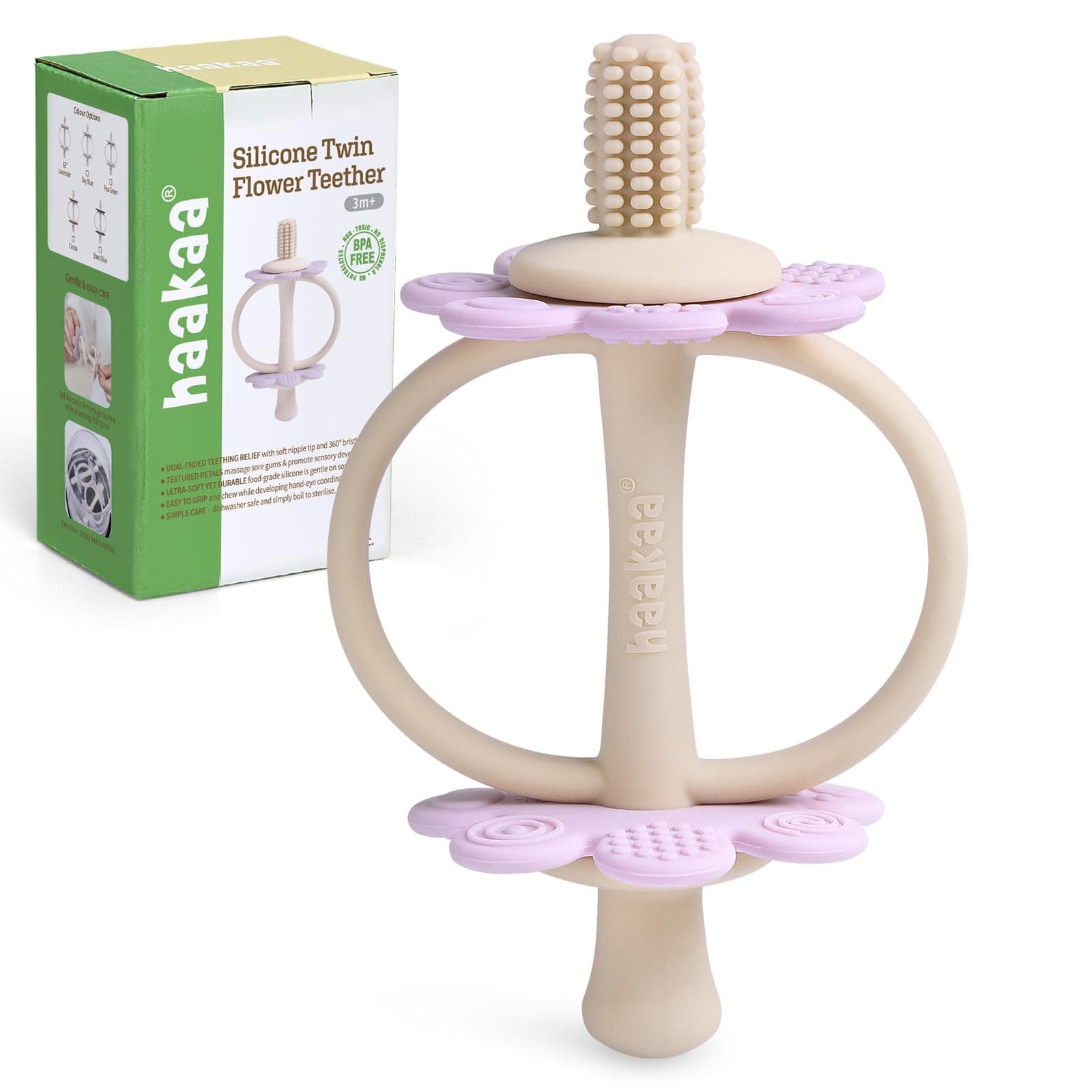 Haakaa Silicone Twin Flower Teether for 3M+ Babies, Easy to Grip, Lavender
