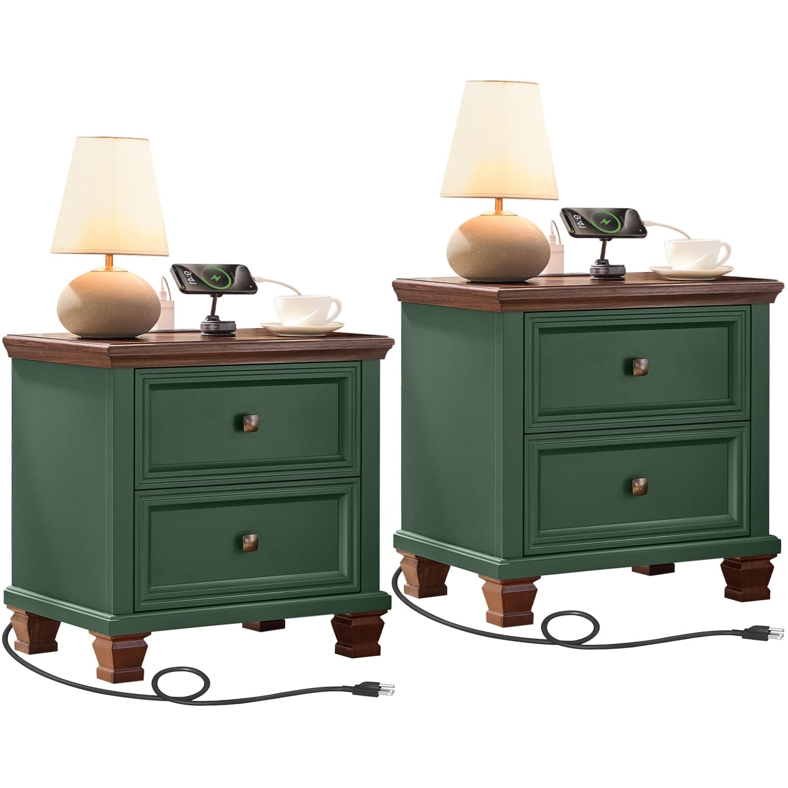SAVOR LIFE Nightstand Set of 2 with Charging Stations, 2 Drawers, Green