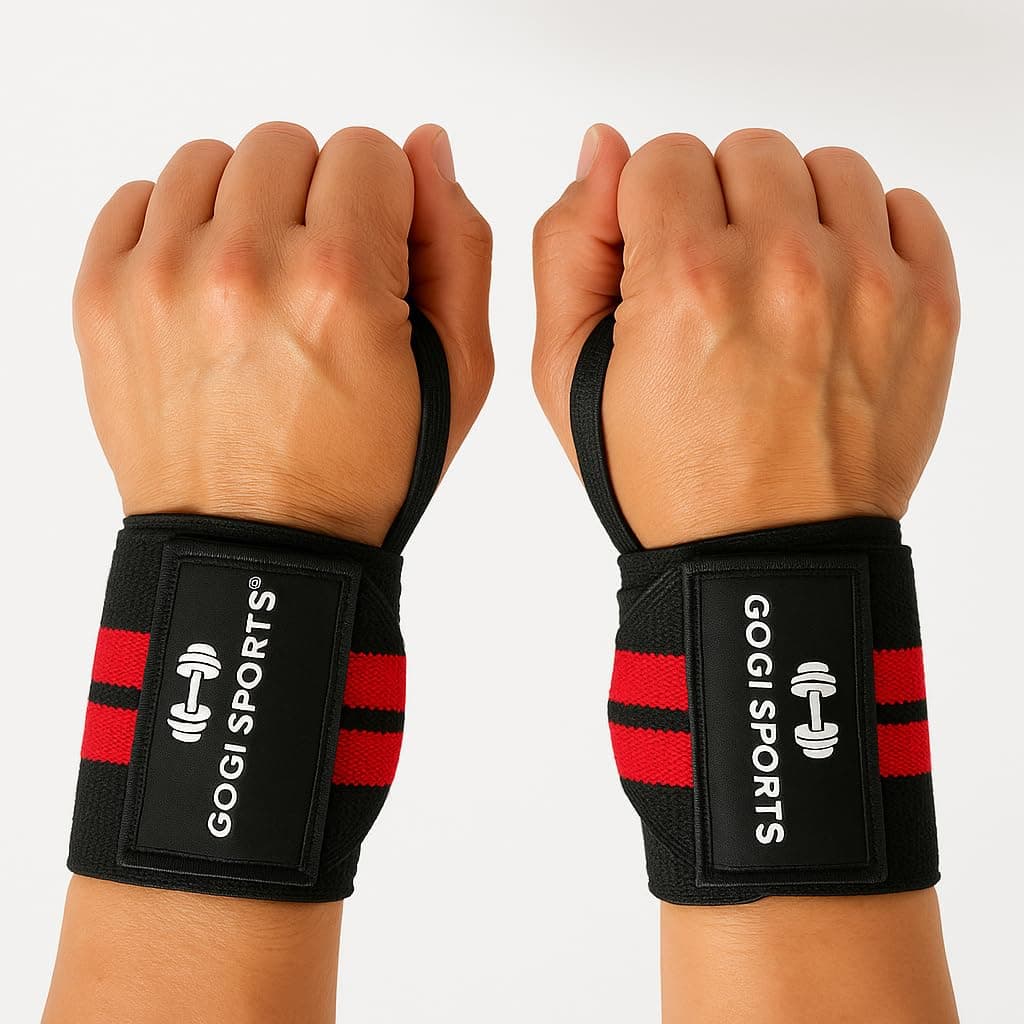 Wrist Wraps 18" for Weightlifting & Powerlifting – Thumb Loop Gym Wrist Straps, Heavy-Duty Elastic, Adjustable Compression, Pair for Men & Women - red