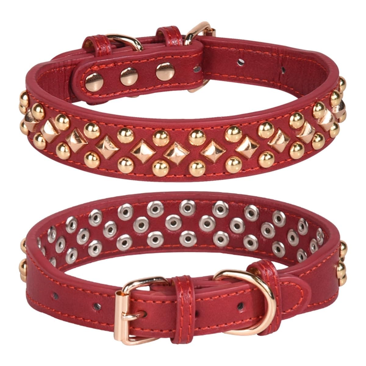 Pimaodog Spiked Studded Dog Collar, Adjustable Soft Leather Puppy Collar for Small Medium Dogs Bulldog Pitbull Mastiff Poodle Boxer (M, Red3)