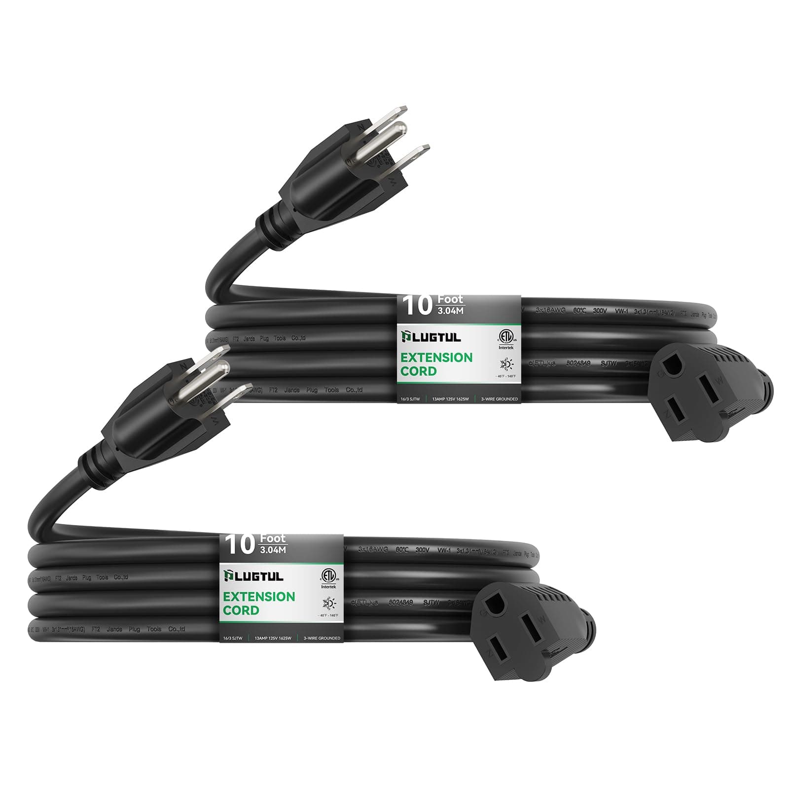 10FT 2Pack 16 Gauge Outdoor Extension Cord, Black