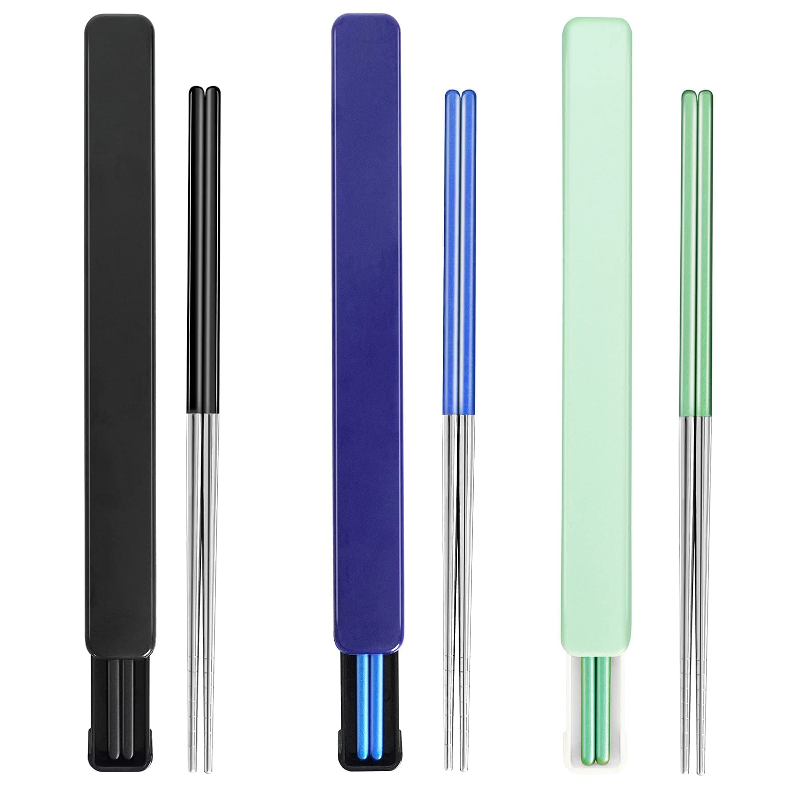 Portable Reusable Stainless Steel Chopsticks, 3 Pairs, Black Blue Green