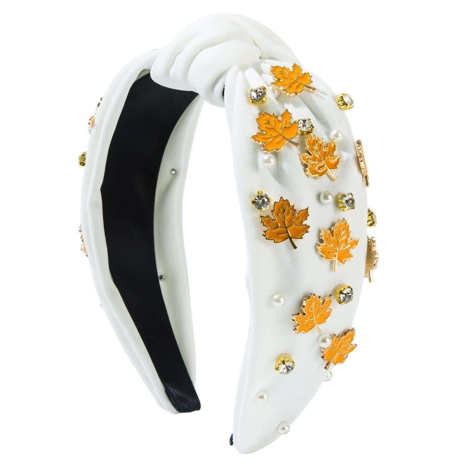 Fall Autumn Thanksgiving Maple Leaf Turkey Crystal Pearl Knotted Headband for Women Hair Accessories Outfits (Color A, Medium)