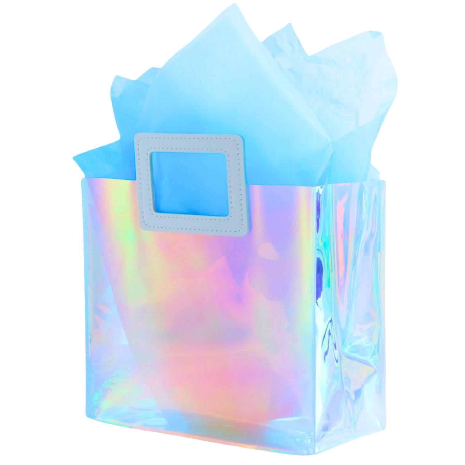 VUOJUR 11'' Holographic Medium Gift Bag with Tissue Paper Reusable Birthday Gift Bag for Boy Kids Women Girls Iridescent Bachelorette Wedding Bridal Bridesmaid Tote Gift Bag (Pack of 1, M - Sky Blue)