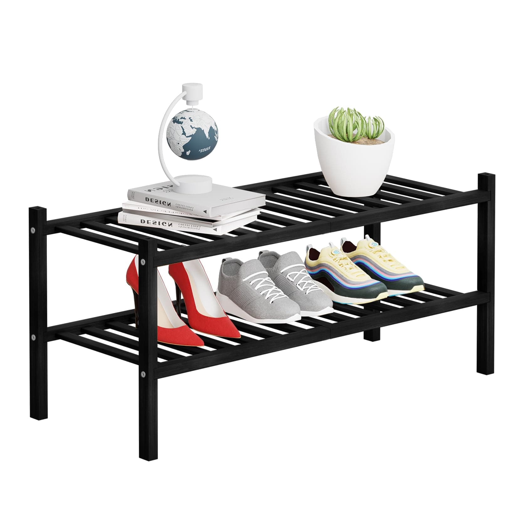 2 Tier Bamboo Shoe Rack Storage Organizer for Closet, Multifunctional Stackable Free Standing Shoe Shelf Organizer for Small Space,Entryway,Hallway,Bathroom 27"x11"x13" (Black, 2 Tier)