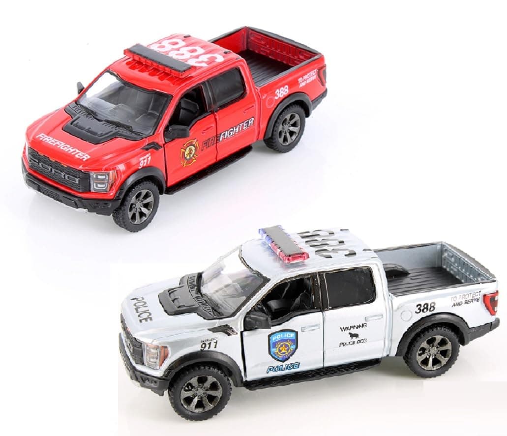 KiNSMART 2022 Ford F-150 Raptor Police & FIre Edition 2Set 5" 1:46 Scale Die Cast Metal Model Toy Trucks