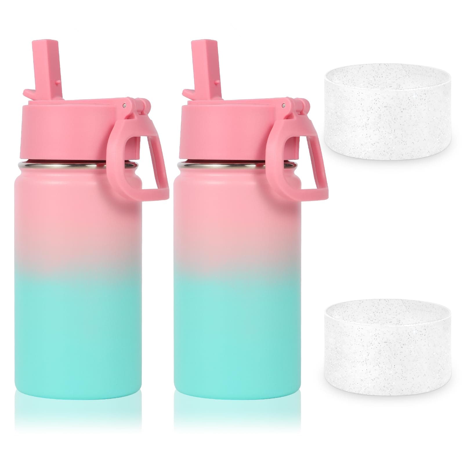 Volhoply 14oz Water Bottle with Straw Lid and Silicone Boot Bulk 2 Pack,Stainless Steel Insulated Flask for Boys & Girls Multipack,Double Wall Vacuum Leakproof Kids Bottles(Pink Green,2)