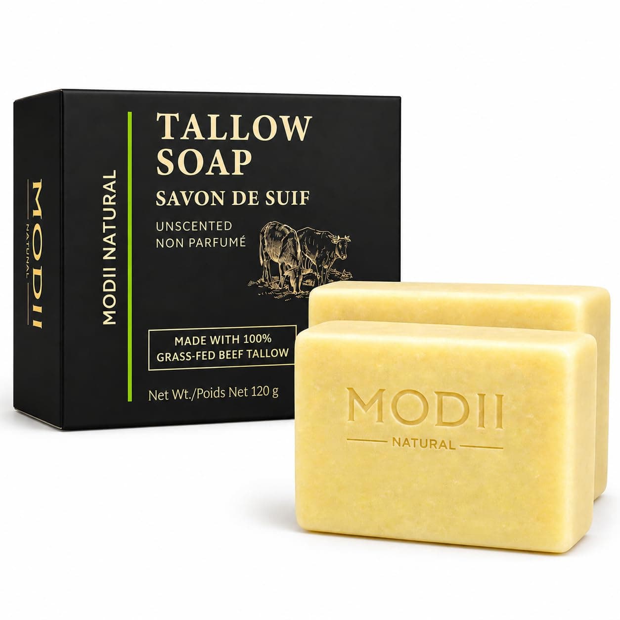 Beef Tallow Handmade Soap (2 Pack, 120g Each) – Grass-Fed Tallow with Olive, Coconut, Palm, Shea Butter, Jojoba & Avocado Oils – Unscented Face & Body Soap – Gentle & Moisturizing (240g Total)