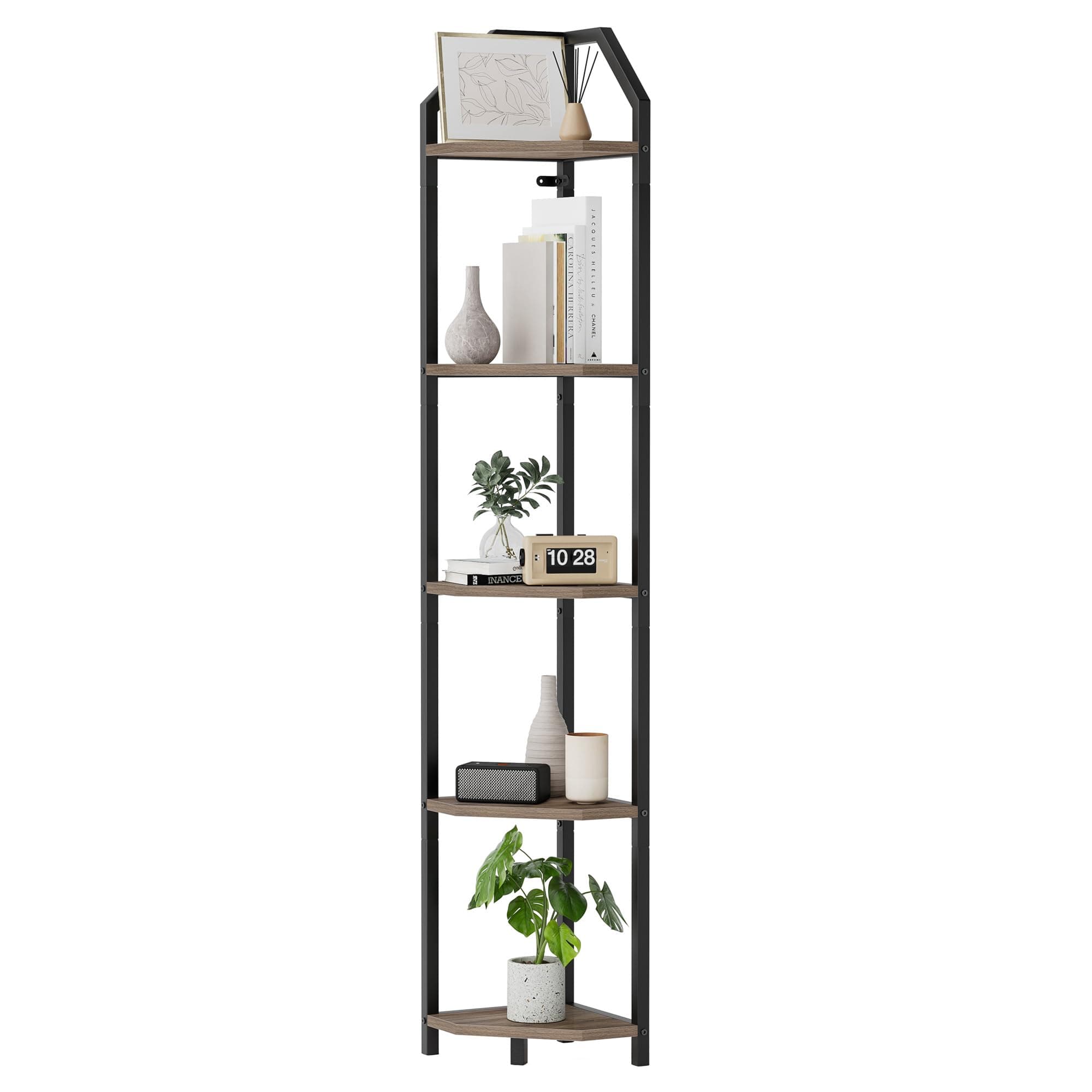Realgulf 5-Tier Corner Shelf | 70 Inch Tall Bookshelf & Plant Stand, Heavy Duty Storage for Home Office & Living Room - Grey