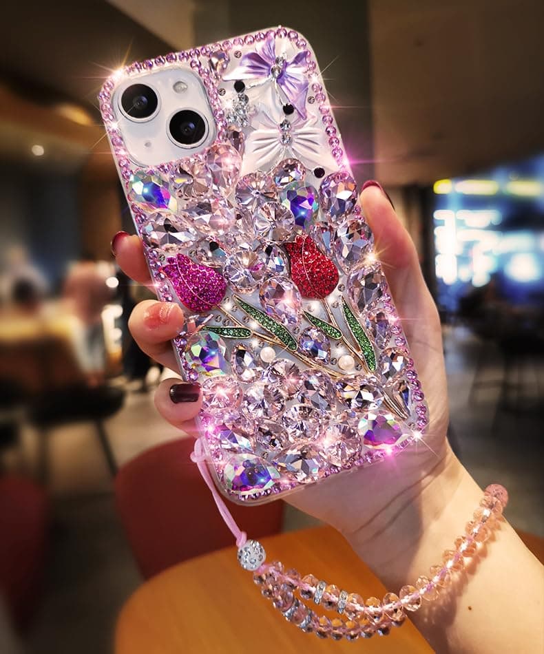 SupShop for Google Pixel 7 Pro Bling Case Luxury Cute Shine 3D Rose Flower Butterfly Diamond Glitter Rhinestone Handmade Crystal Cover with Wrist Strap for Women Girls,Pink