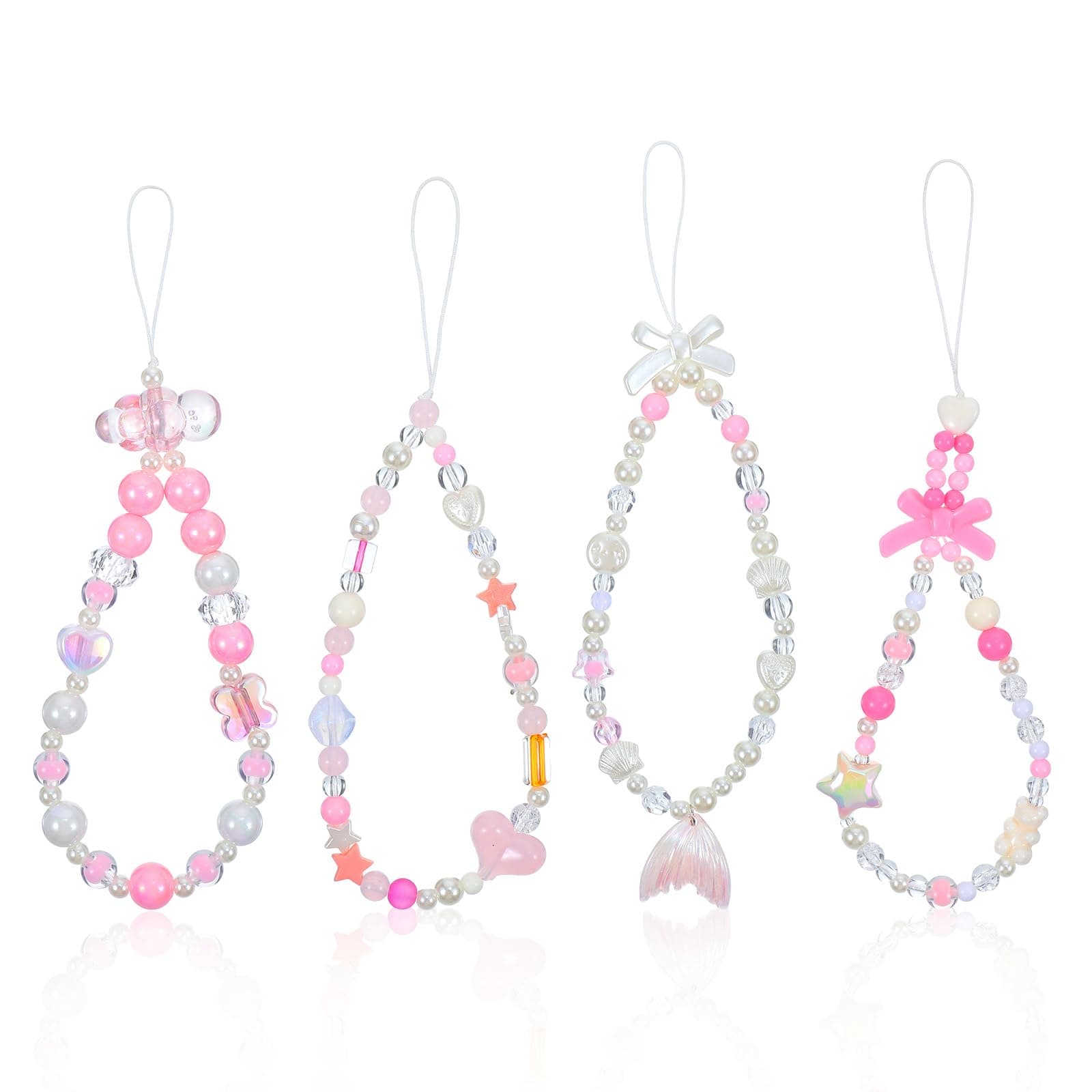 4 PCS Phone Charm Kawaii 4 Styles Beaded Strap Aesthetic Y2K Cell Keychain Pink Heart Cloud Butterfly Star Mermaid Tail Cool Charms for Bracelet Wallet Bag Camera Pendants Decor Iewelry Accessories