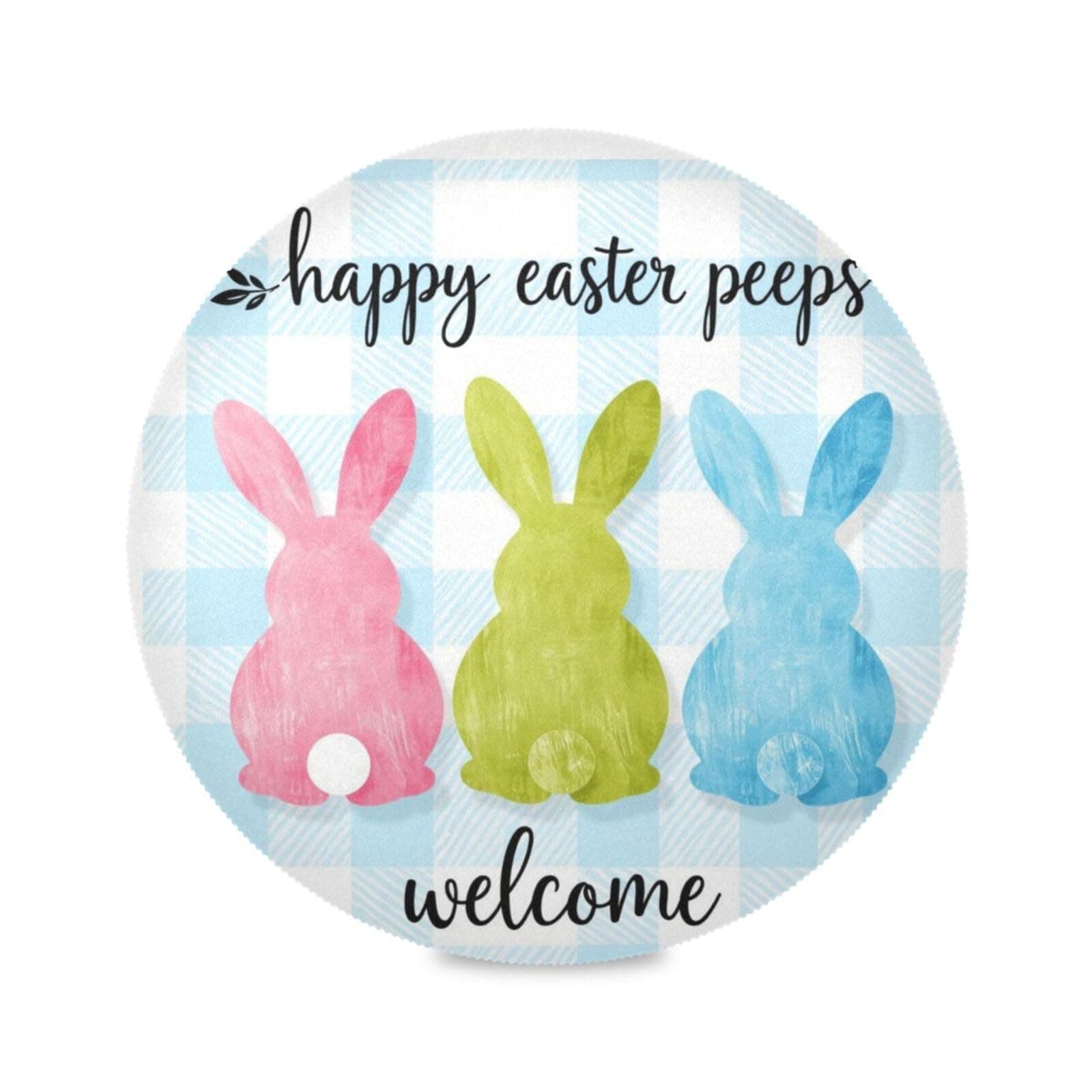 Kcldeci Happy Easter Peeps Round Placemats Set of 1 Buffalo Check Plaid Rabbit Table Mats for Dining Tables Woven Washable Non-Slip Shining Place mats 15 Inch