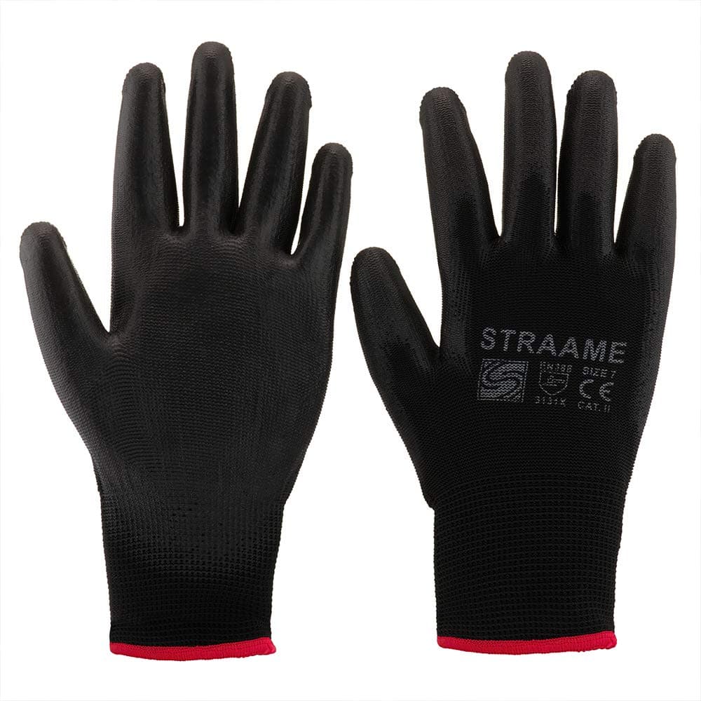 Straame Pack of 12 or 24 Black Safety Work Gloves, Outdoors PU and Nylon Non-Slip Work Handling Gloves, Good Dexterity Firm Grip Protective Working Gloves Size (Pack of 12 Pair's, S)