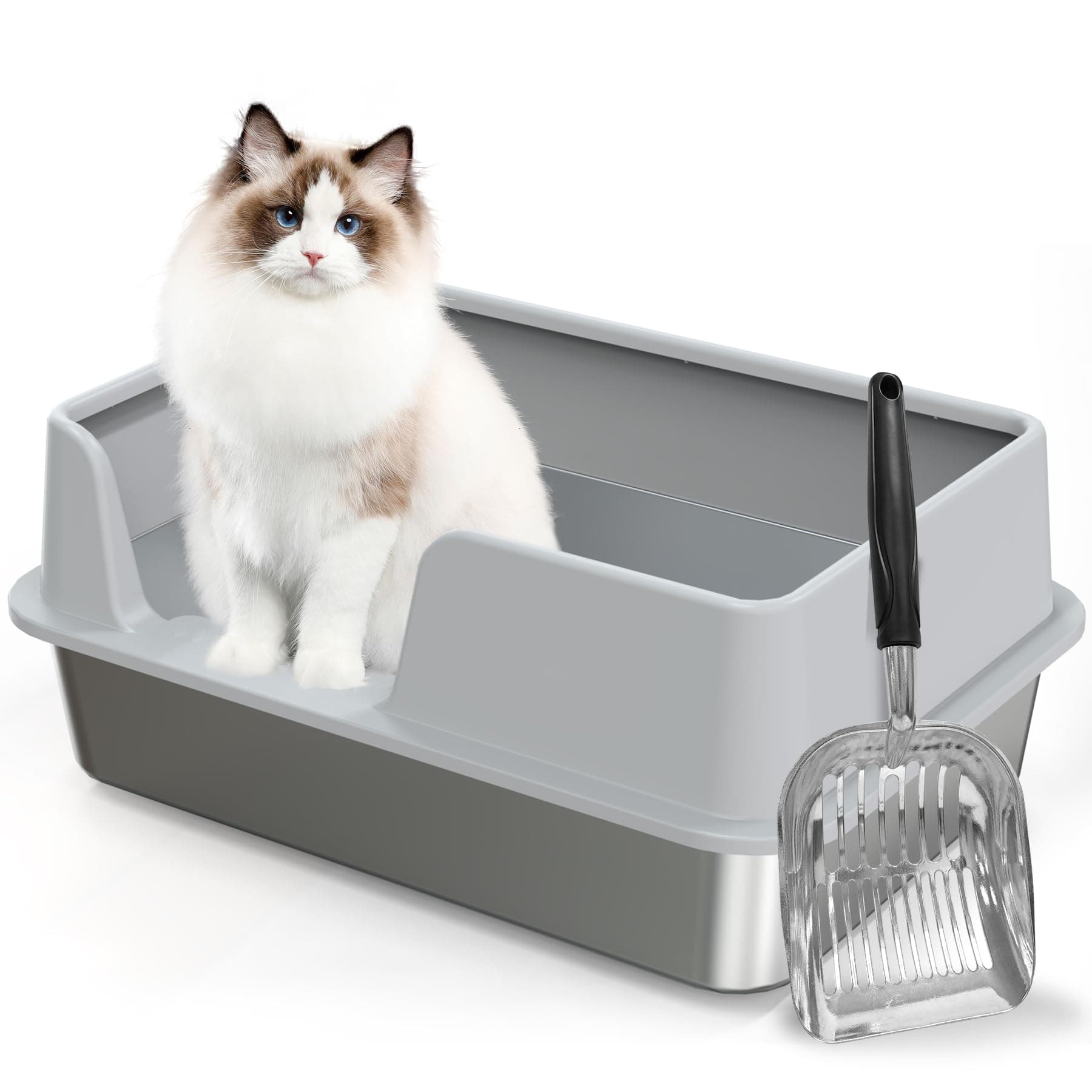 Demiwise Enclosed Cat Litter Box, Hooded Large Covered Cat Litter Box, Stainless Steel Litter Pan with Scoop for Indoor Cats, Easy Clean, Never Absorbs Odor, Anti-Leakage, 19.55x13.55x8.5 Inches