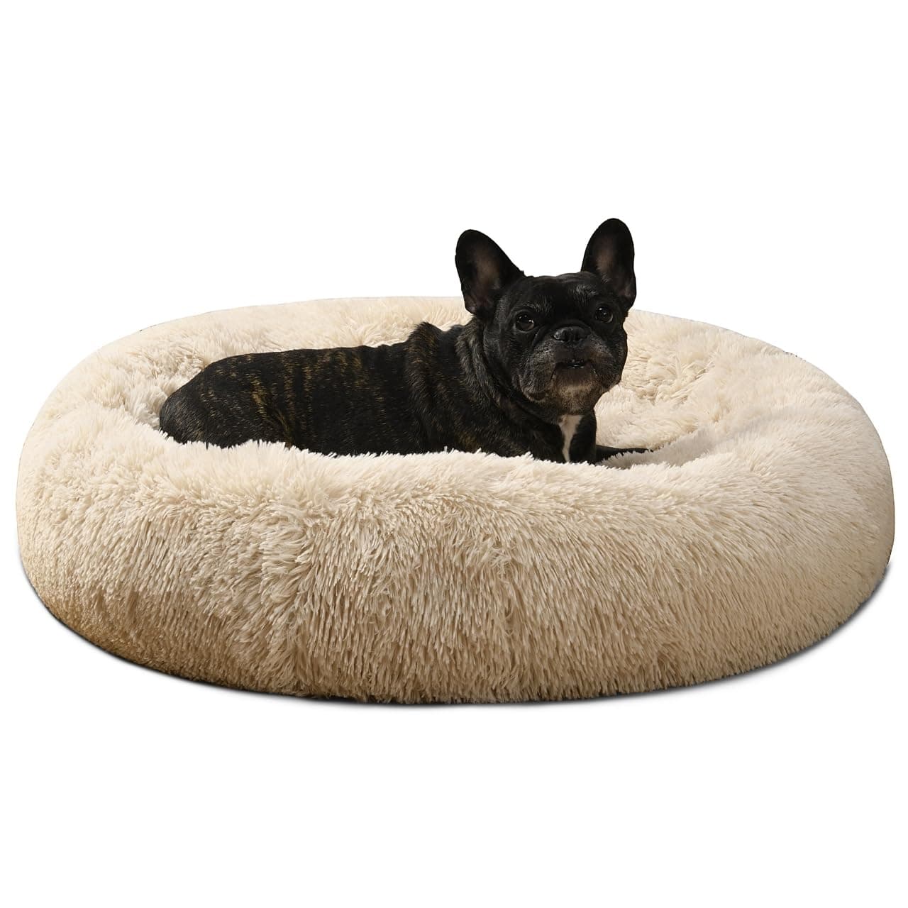 Hugs Living Calming Fluffy Faux Fur Dog Bed, Soft Round Donut Cuddler Pet Bed for Cat and Dog with Non-Slip Bottom, Machine Washable (Medium 31", Beige)