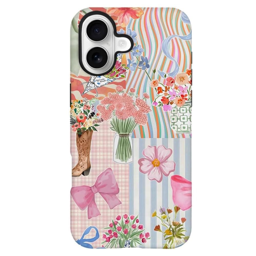 SobLn for iPhone 17 Case, Summer Vintage Pink Bow Flower Collage Design Cover, Cute Bowkot Aesthetic Hybrid 2-Layer Hard Shell Shockproof Phone Case for Girls Women 6.3''