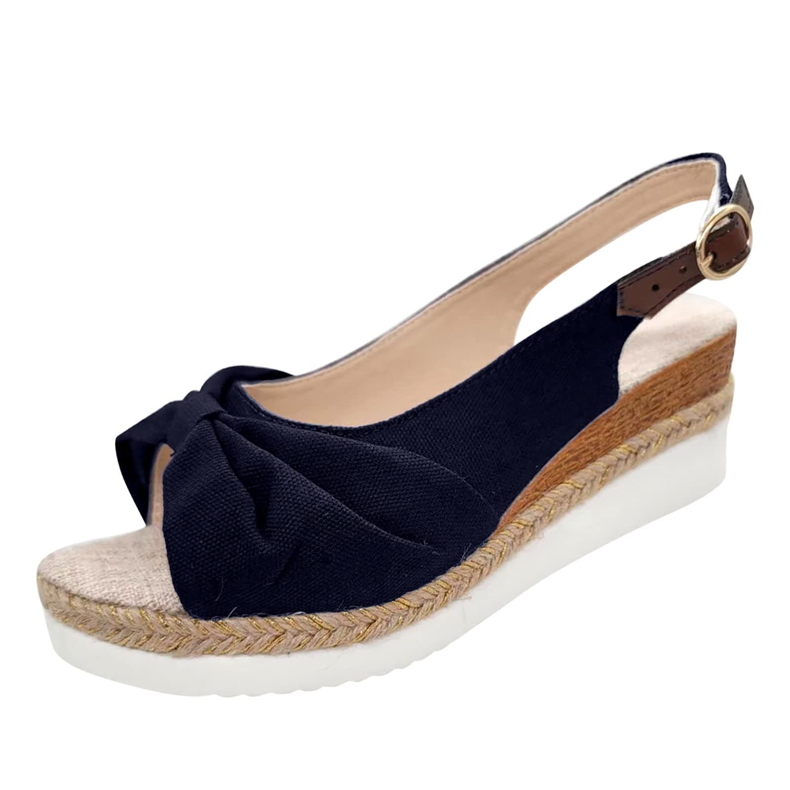 Clearance UK 6 Women's Peep Toe Bow Slingback Low Wedge Sandals,Hessian Espadrilles Adjustable Buckle Ankle Strap Sandals Comfort Slip on Back Strap Summer Shoes for Ladies Z1_Navy