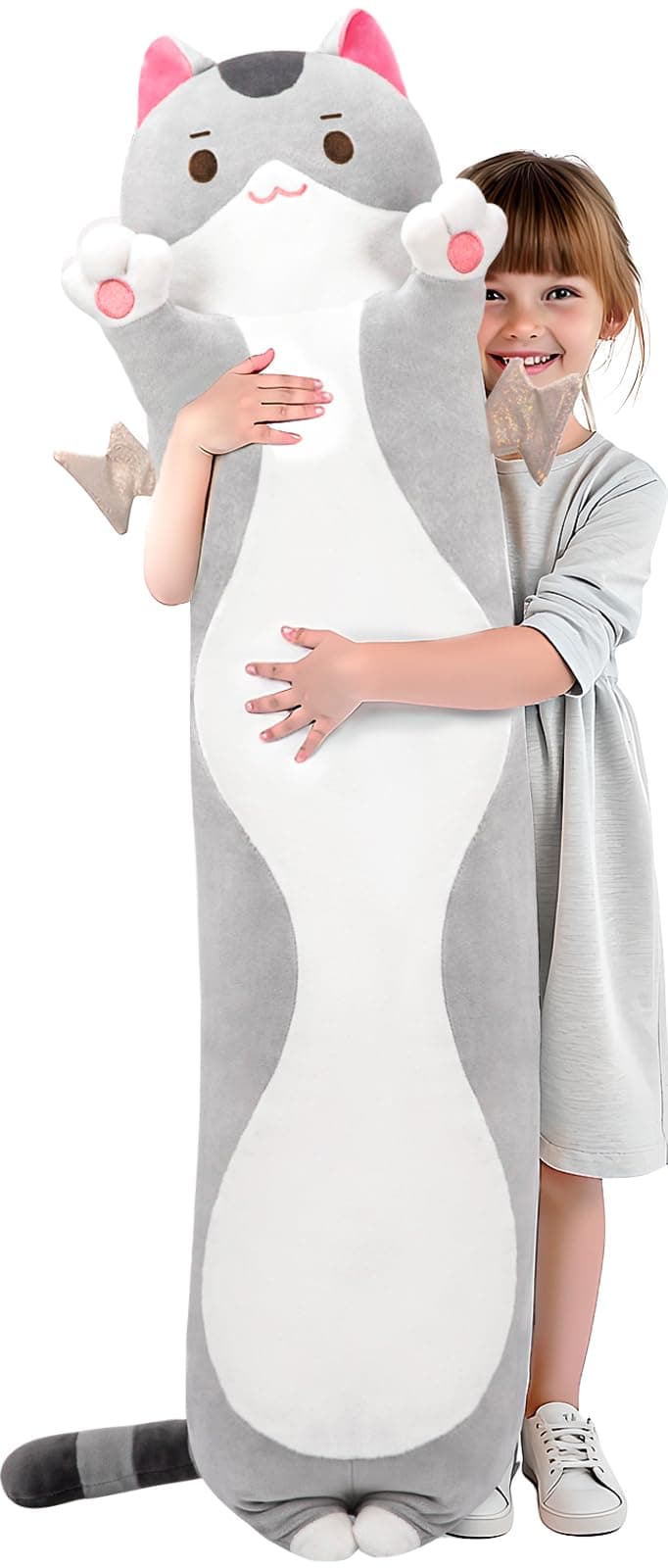 Mewaii Grey Cat Body Pillow Long Cat Plush 43 in, Extra Filling Soft Cute