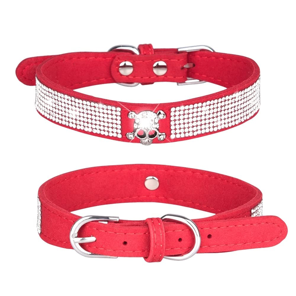 Pimaodog Rhinestone Dog Collar, Cute Dazzling Sparkling Soft Suede Leather Adjustable Pet Dog Cat Collar Crystal Diamond for Puppy Small Medium Large Dogs (M:32 - 38cm, Red-5)