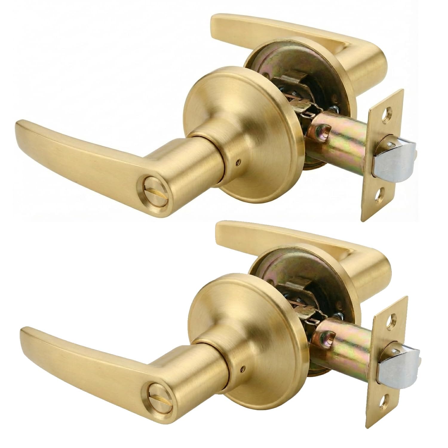 2 Pack of MANREN Lever Bathroom Door Lever Handle Lock, Universal Door Knob Hardware,Entrance Type,Gold Color (MR82BK-G-2)
