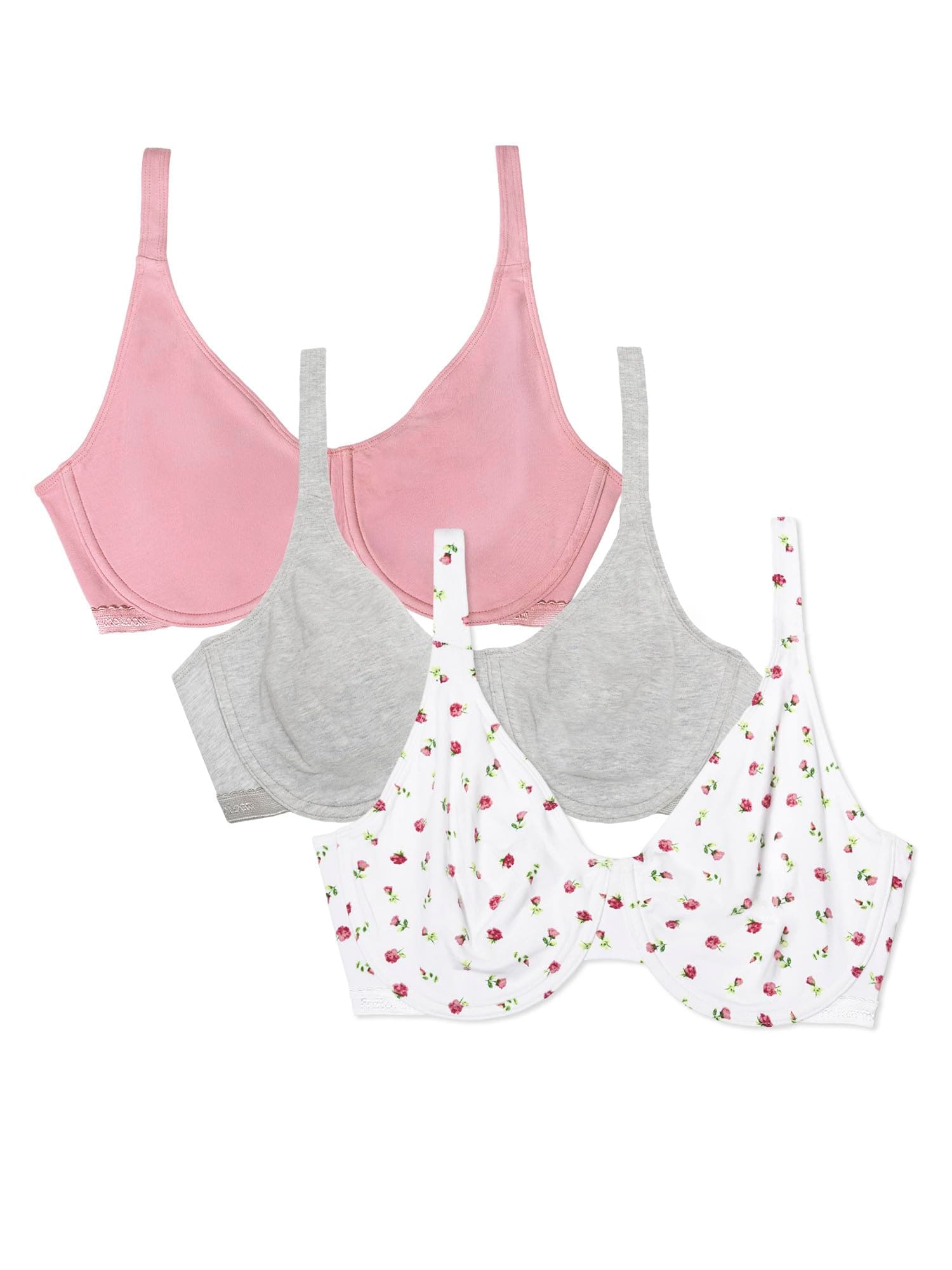 Fruit of the Loom Women's Unlined Underwire Bra-Cotton & Spandex Blend for Natural Shape and Flexibility Full Coverage, 0 inches, Dancing Rosebuds/Lilas/Grey, 38D (Pack of 3)