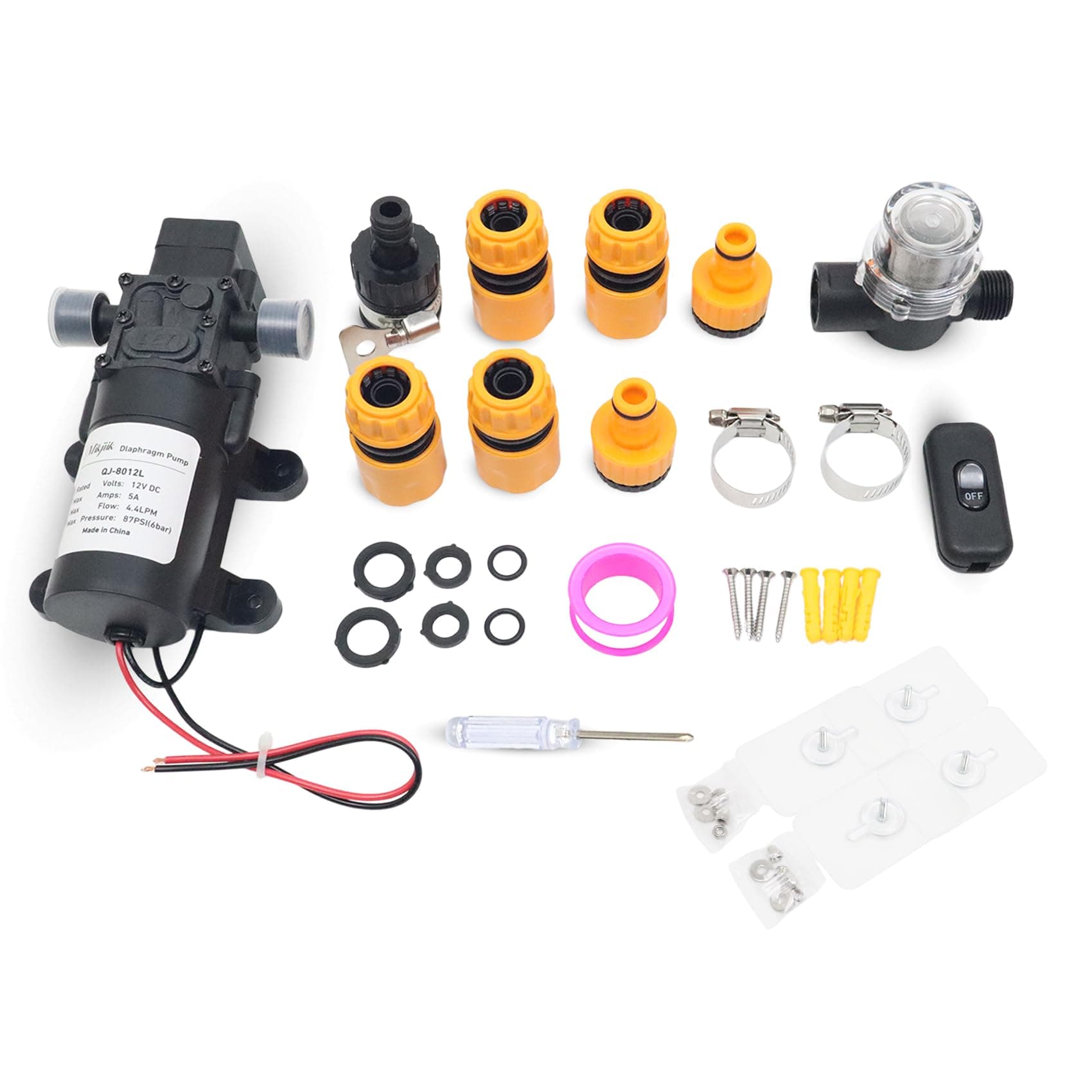 Mikjiik DC 12V Diaphragm Pump, Self-Priming Pump with Filter Quick Connection Terminal, 1.2 GPM 100 PSI Pressure Switch Adjustable Spray Pump, Suitable for RV Camping Shower Garden