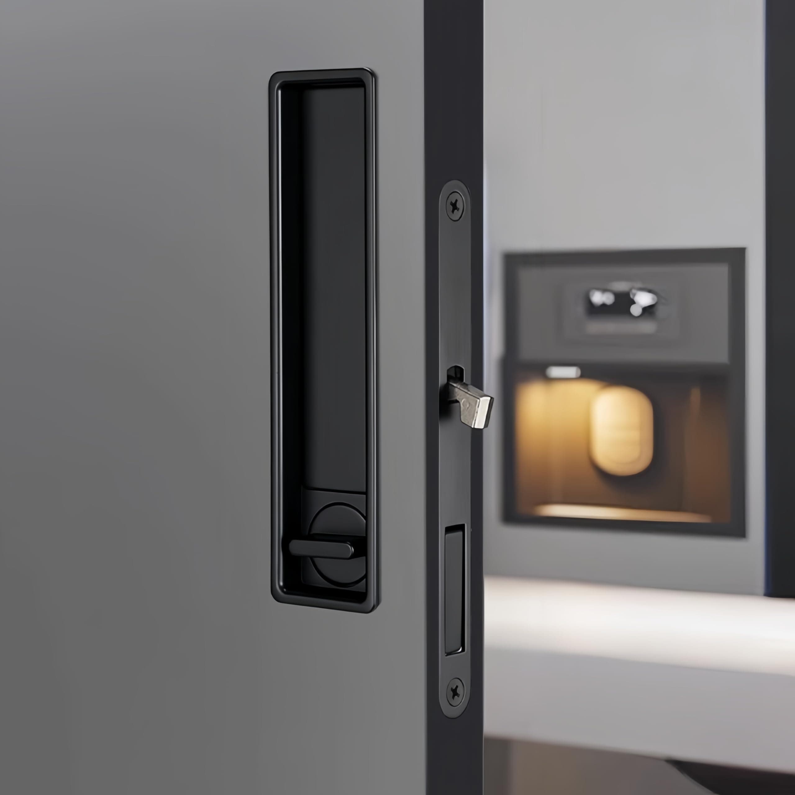 Hoconnie Pocket Door Handle Lock with Edge Pull, Privacy Sliding Door Mortise Lock, Recessed Sliding Door Hardware for 1 1/2‘’- 1015/16‘’ Thickness Door (Matte Black Rectangle)