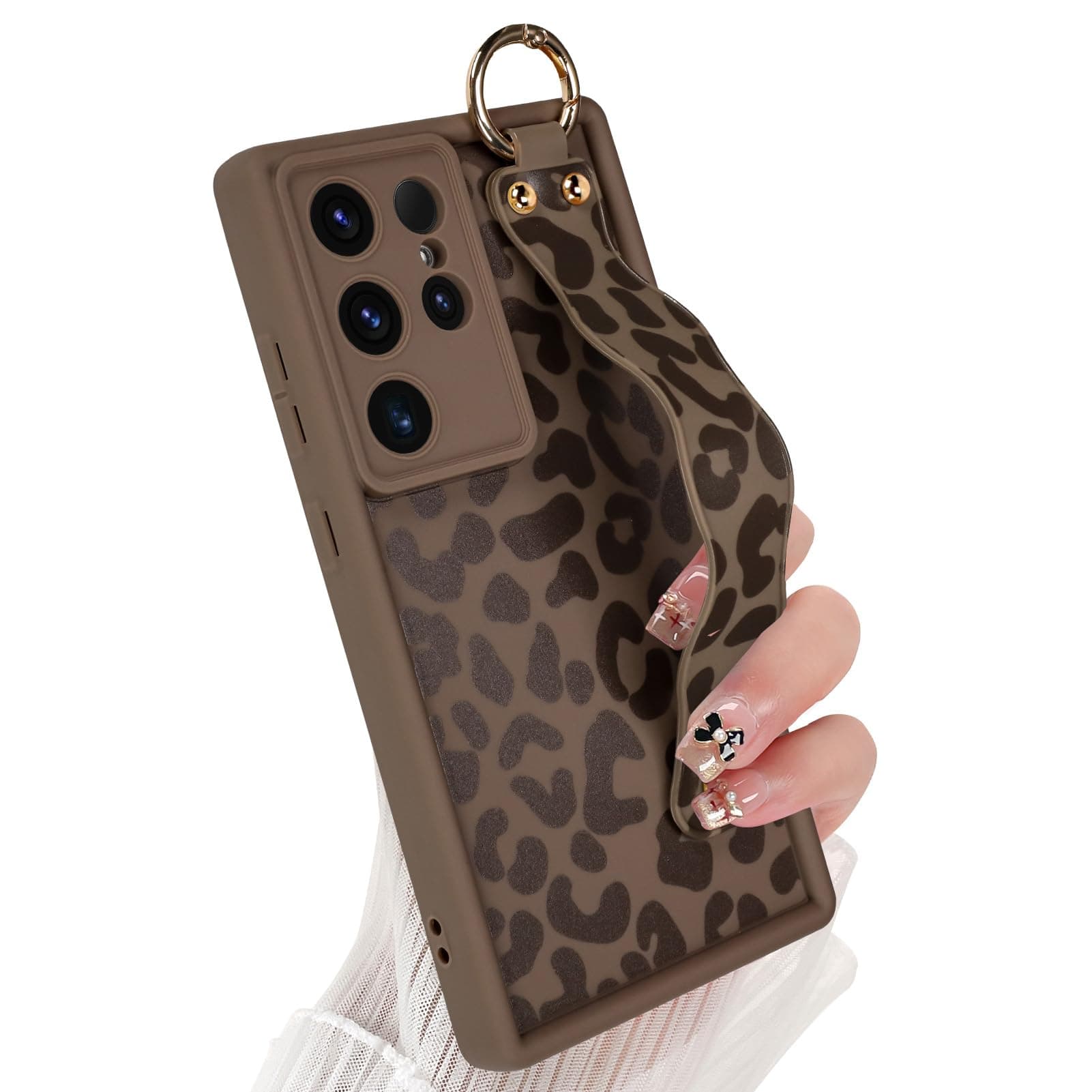 Silicone Case for Samsung Galaxy S24 Ultra with Strap Stand, Brown Leopard
