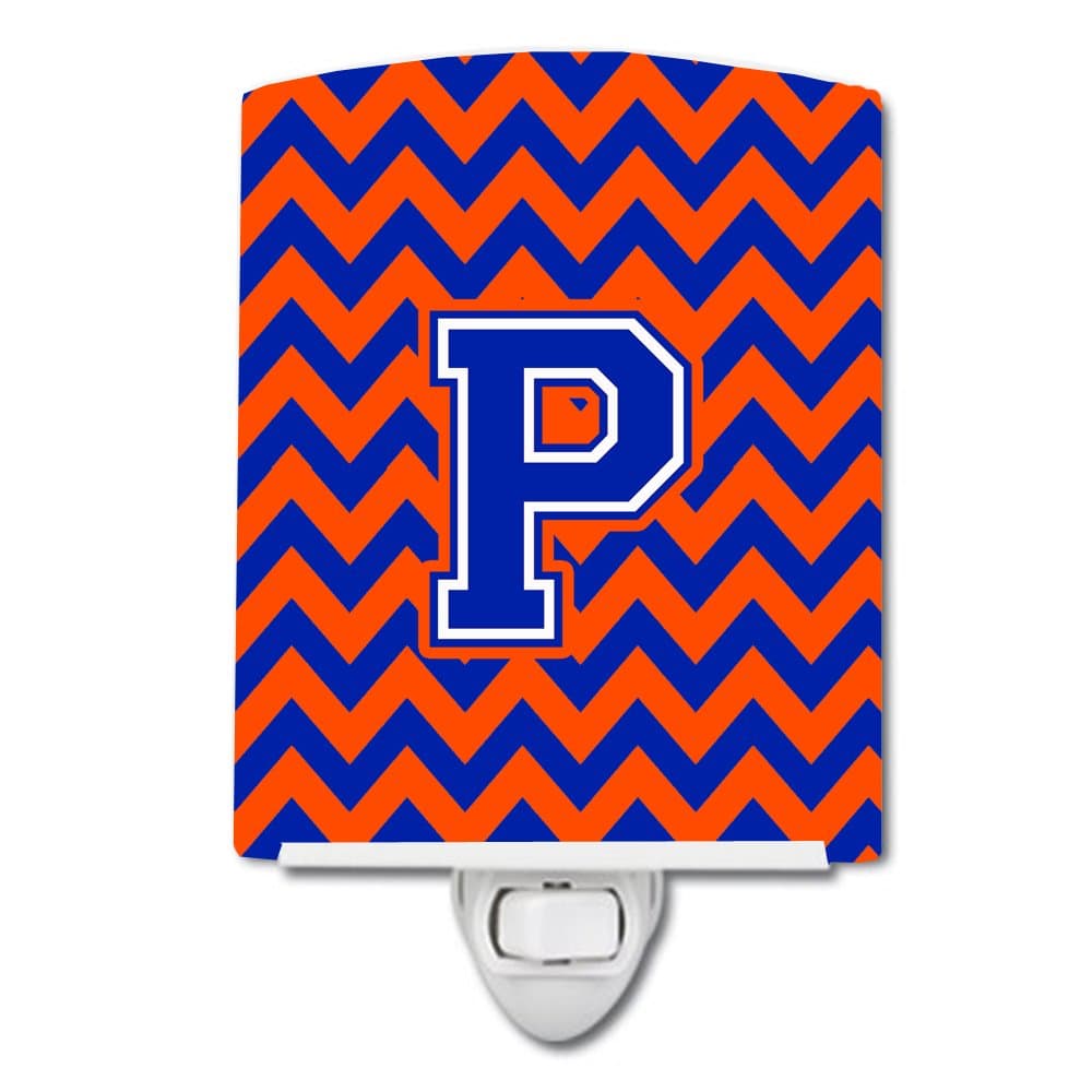 Caroline's Treasures CJ1044-PCNL Letter P Chevron Orange and Blue Ceramic Night Light Compact, UL-Certified, Ideal for Bedroom, Bathroom, Nursery, Hallway, Kitchen, 6x4x3, Multicolor