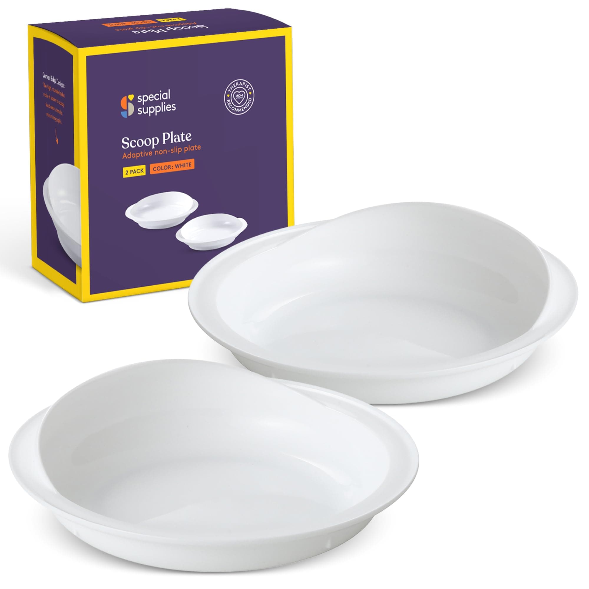 Special Supplies Adaptive Easy Scoop Plates, 2 Pack, Color White, Spillproof, Dishwasher Safe