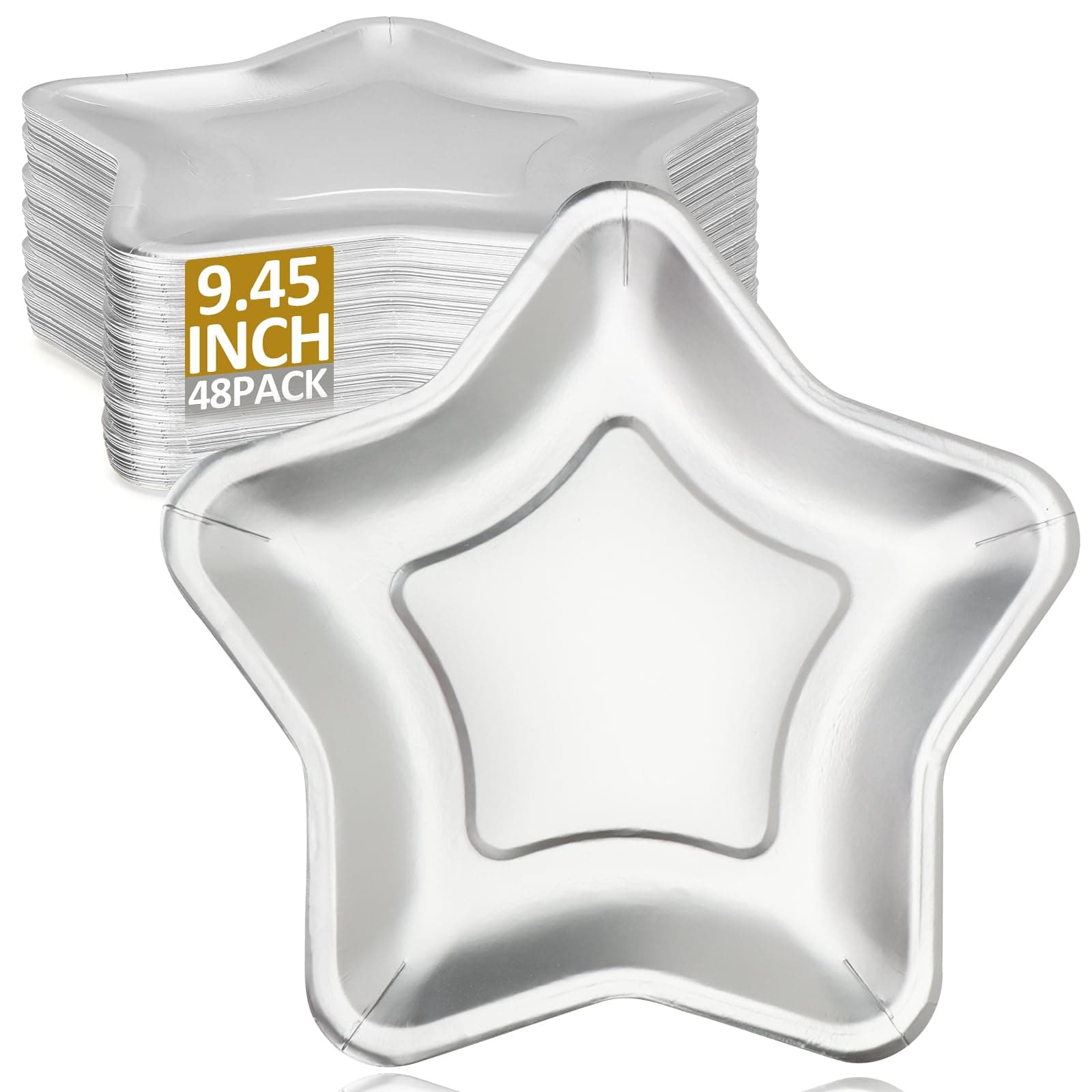 CLIYTICA 48 Pack Star Paper Plates - 9.45" Sliver Thick Star Shaped Plates,Disposable Party Plates for Birthday,Graduation, Awards Night, Baby Shower, Wedding & Holiday Celebrations