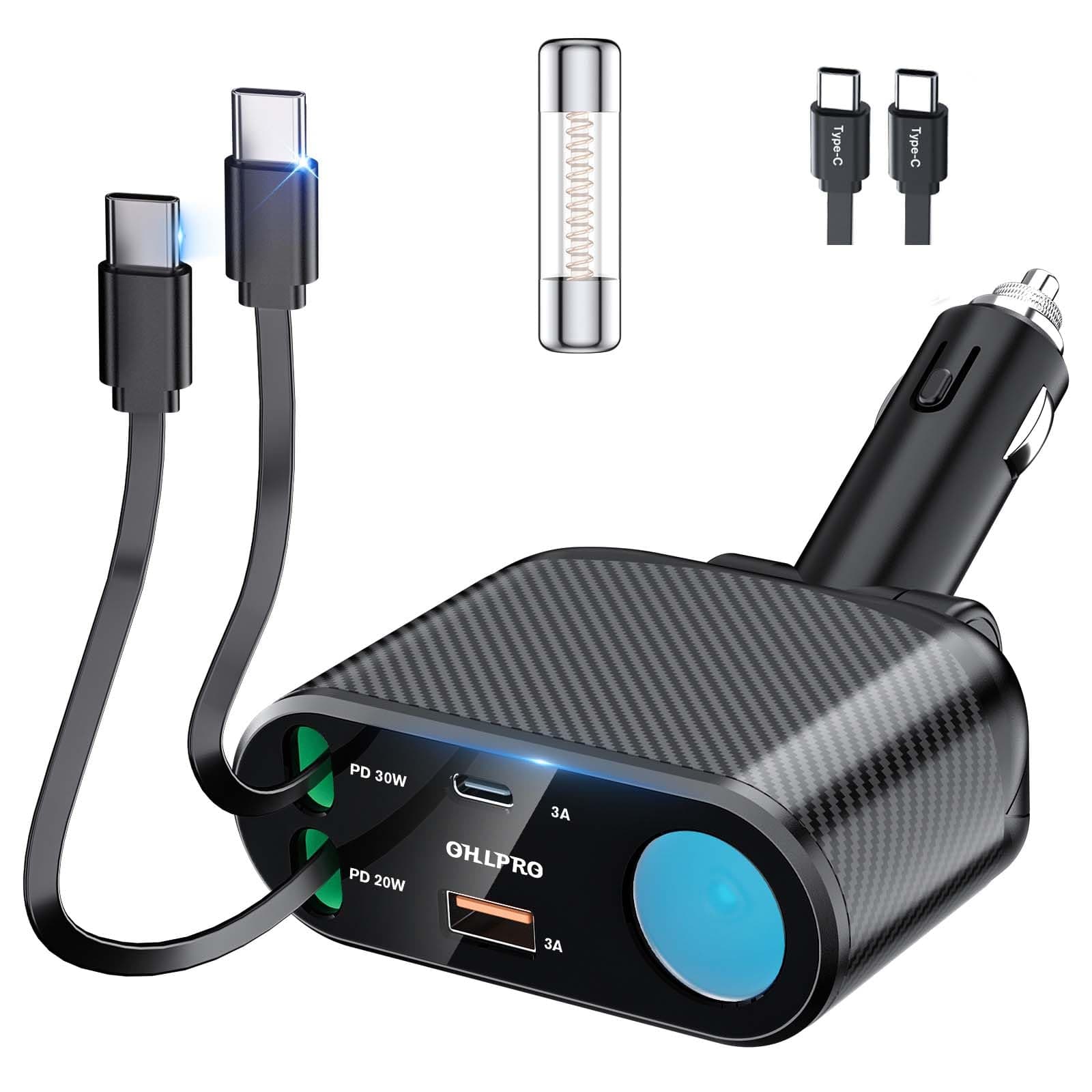 OHLPRO 5 in 1 Retractable Car Charger, 168W Cigarette Lighter Adapter, Fast Car Phone Charger Built-in Replaceable Fuse, Socket Splitter with Dual USB C Ports, Fit for Phone, iPad, Galaxy, GPS