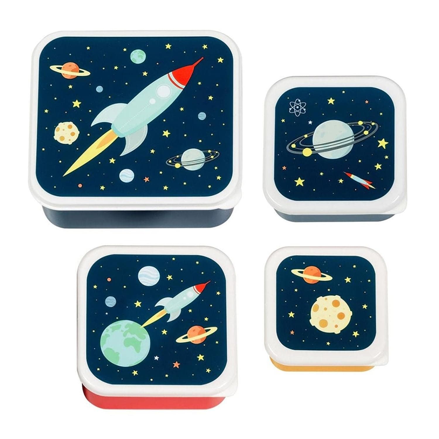 A Little Lovely Company - Lunch Box - Snack Boxes Set Rockets - Space Theme - Food Storage - BPA and Phthalate-Free Polyethylene - Set of 4 - LL-SBSESP21