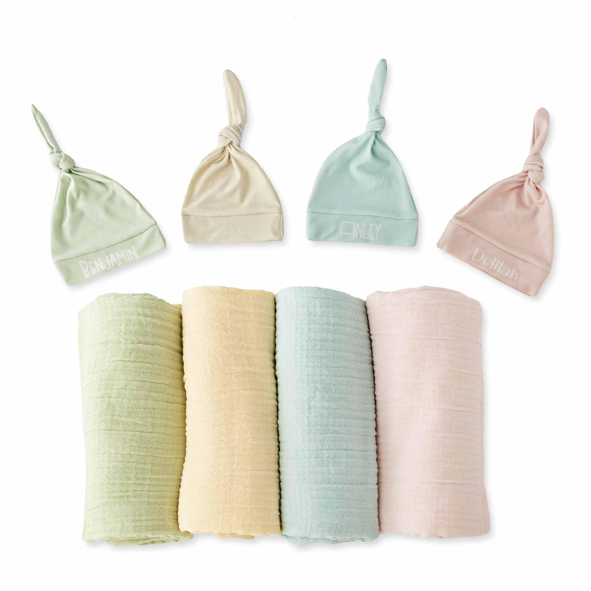 Personalized Muslin Swaddle Blanket hat Set | Double Layer Muslin Swaddle | Personalized eceiving Blaneket Set