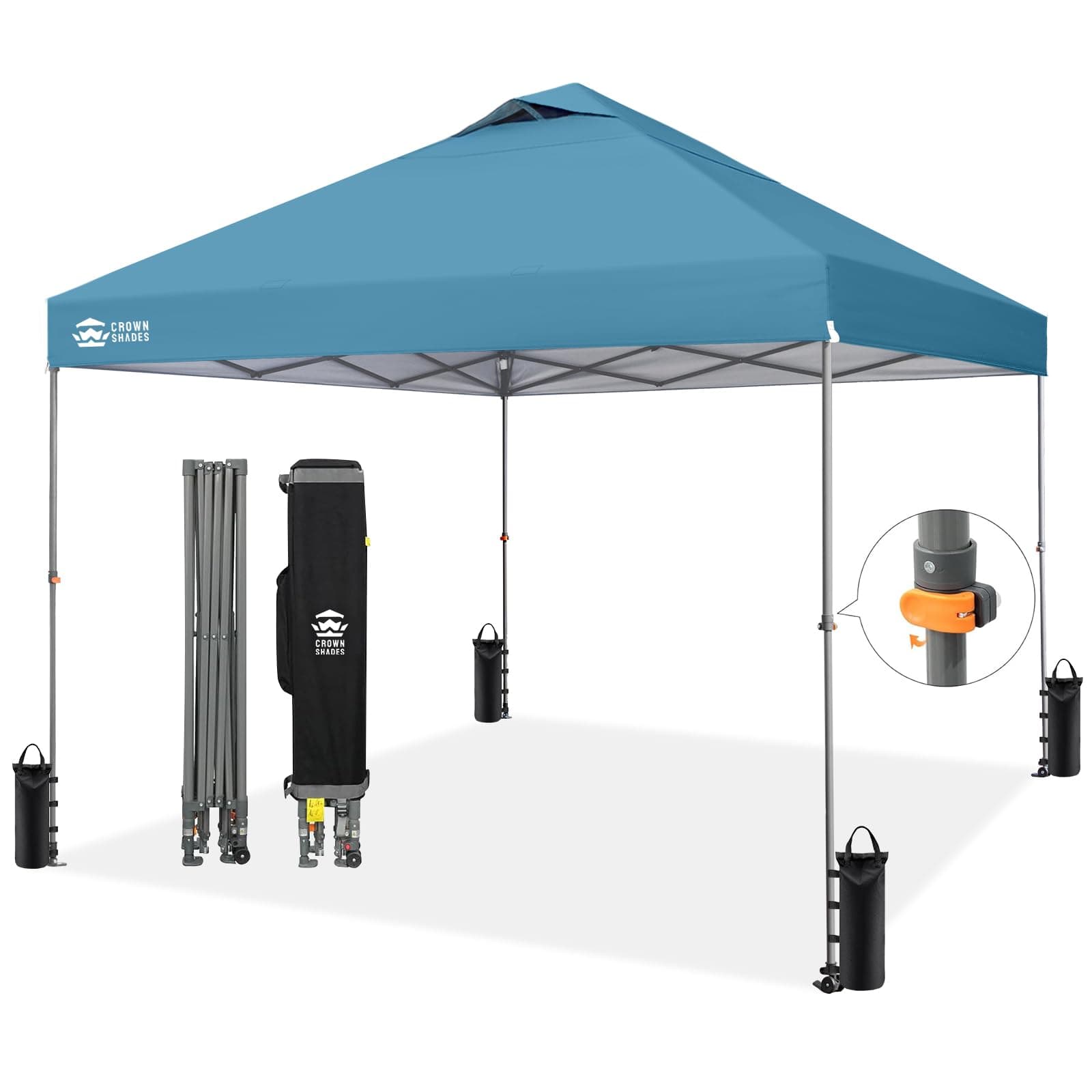 Crown Shades 10x10 Pop Up Canopy - Beach Tent with One Push Setup - Easy Outdoor Sun Shade for Events, Parties, Camping - Outside Shade with STO-N-Go Bag, Silver Coated Top, Infinite Height,Cyan Blue