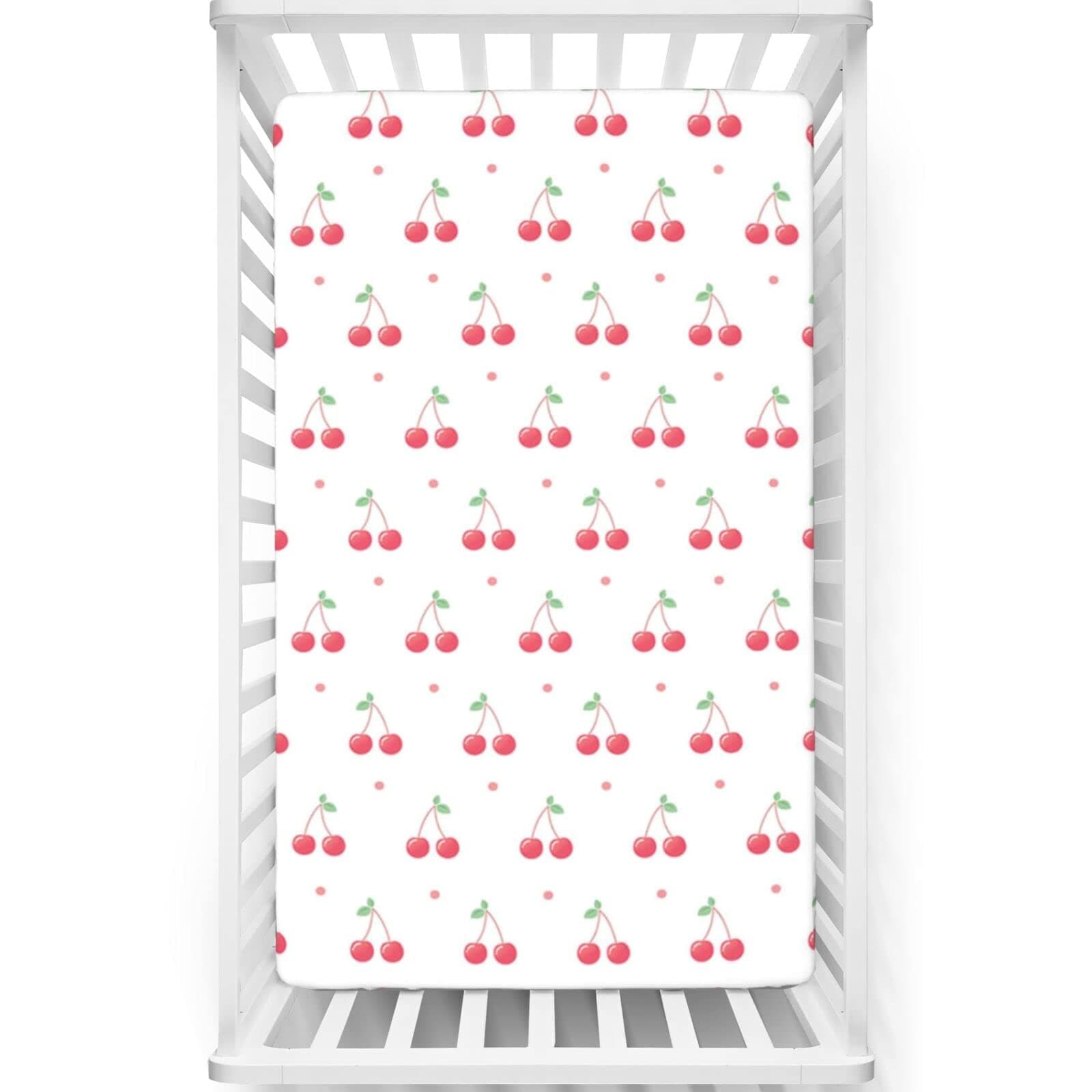 Cherry Themed Fitted Crib Sheet,Standard Crib Mattress Fitted Sheet Soft & Stretchy Fitted Crib Sheet - Great for Boy or Girl Room or Nursery,28“ x52“,Dark Coral Green and White
