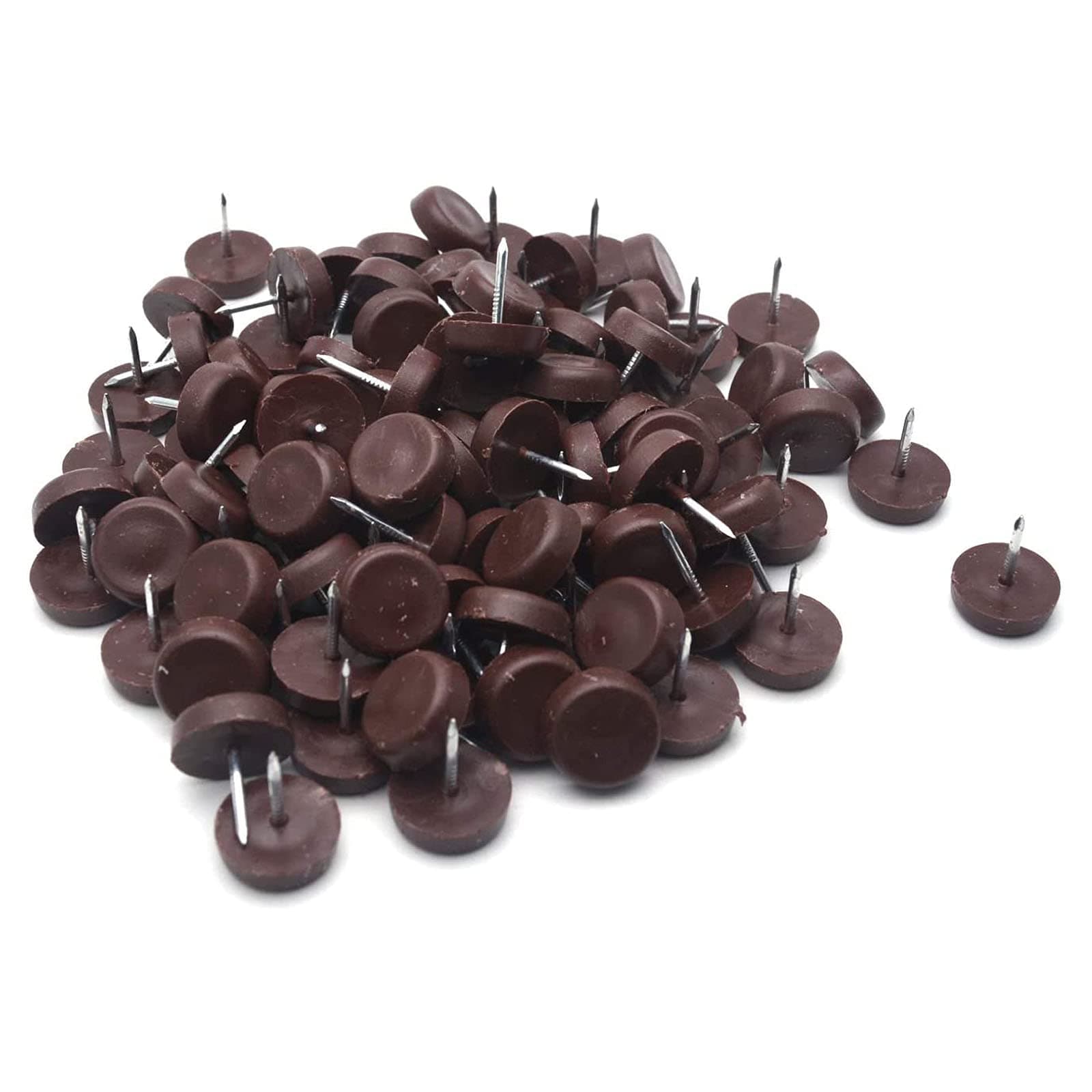 15mm Brown Nylon Furniture Sliders Nail On - Chair Leg Floor Protectors Nail - Nylon Chair Glides with Nail Brown Sliders Head, Chair, Table Leg Feet Protector Nail(Flat Bottom 100 Pcs)