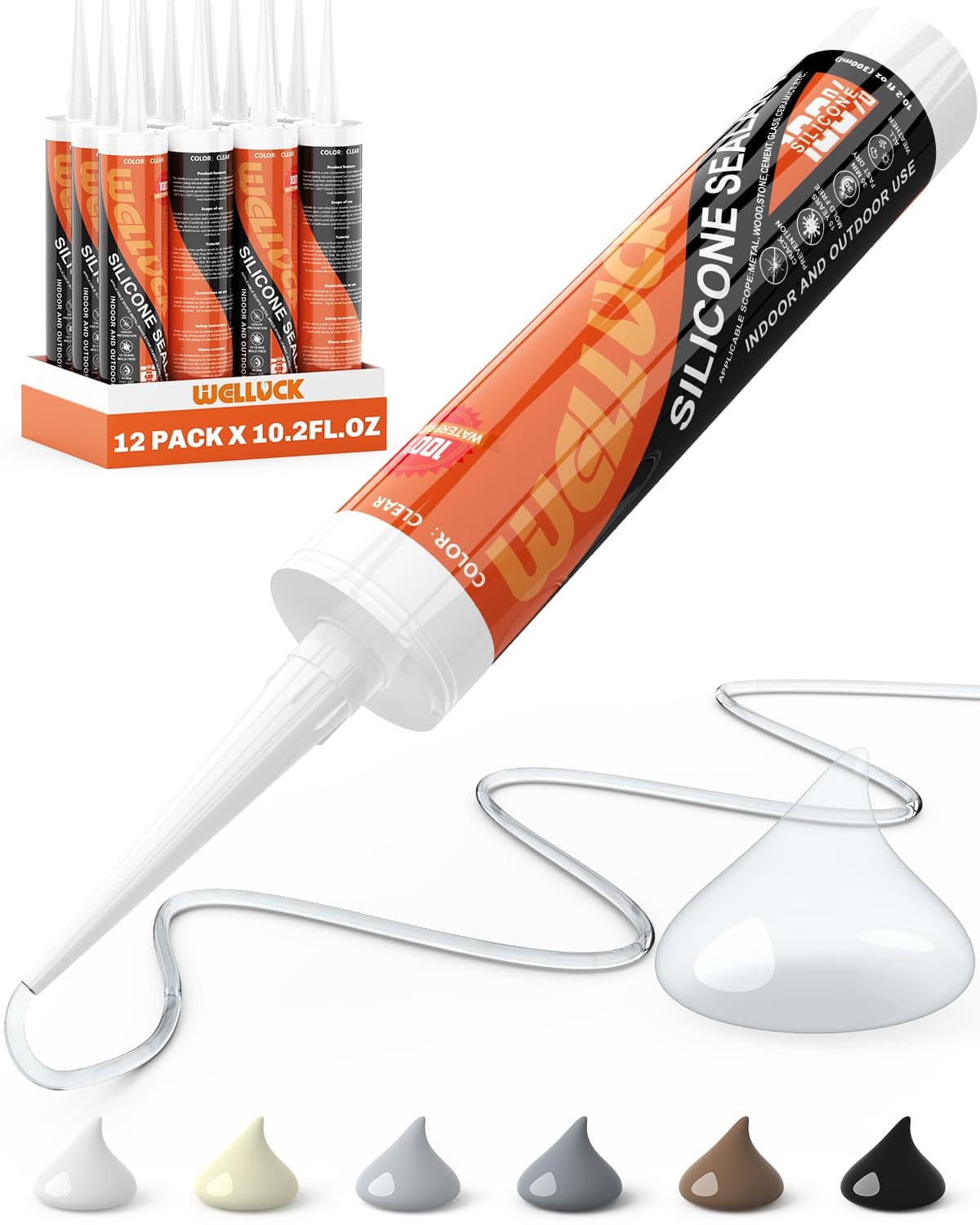 WELLUCK Clear Silicone Caulk, 100% Waterproof Silicone Sealant Adhesive Caulking,for RV, Kitchen,Bathroom, Window, Door, Glass,10.2FL.OZ/12 Pack