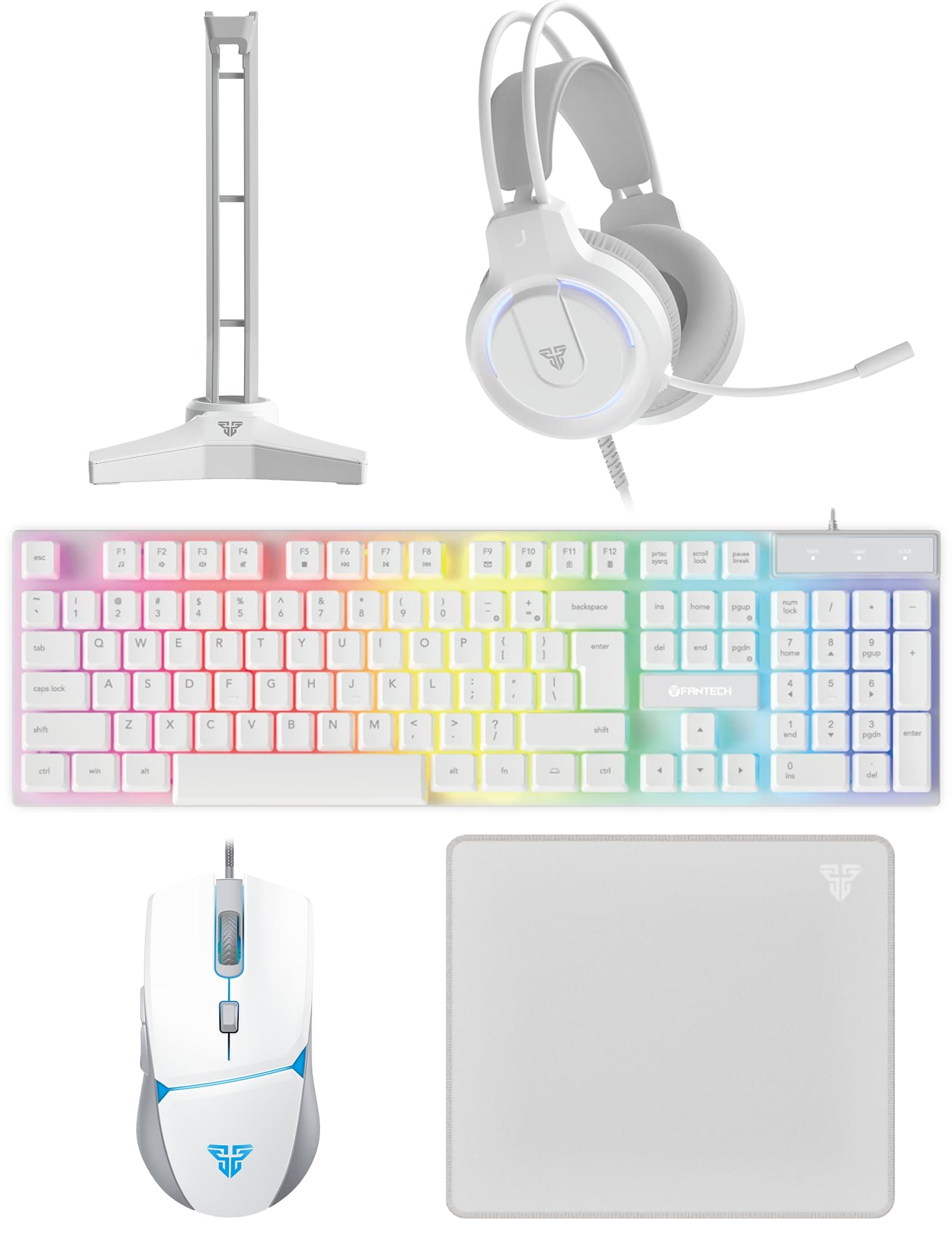 FANTECH P51S 5-in-1 Gaming Bundle:Rainbow LED Backlit Wired Keyboard, Headset and Headphone Stand for,PC,Laptop,Xbox