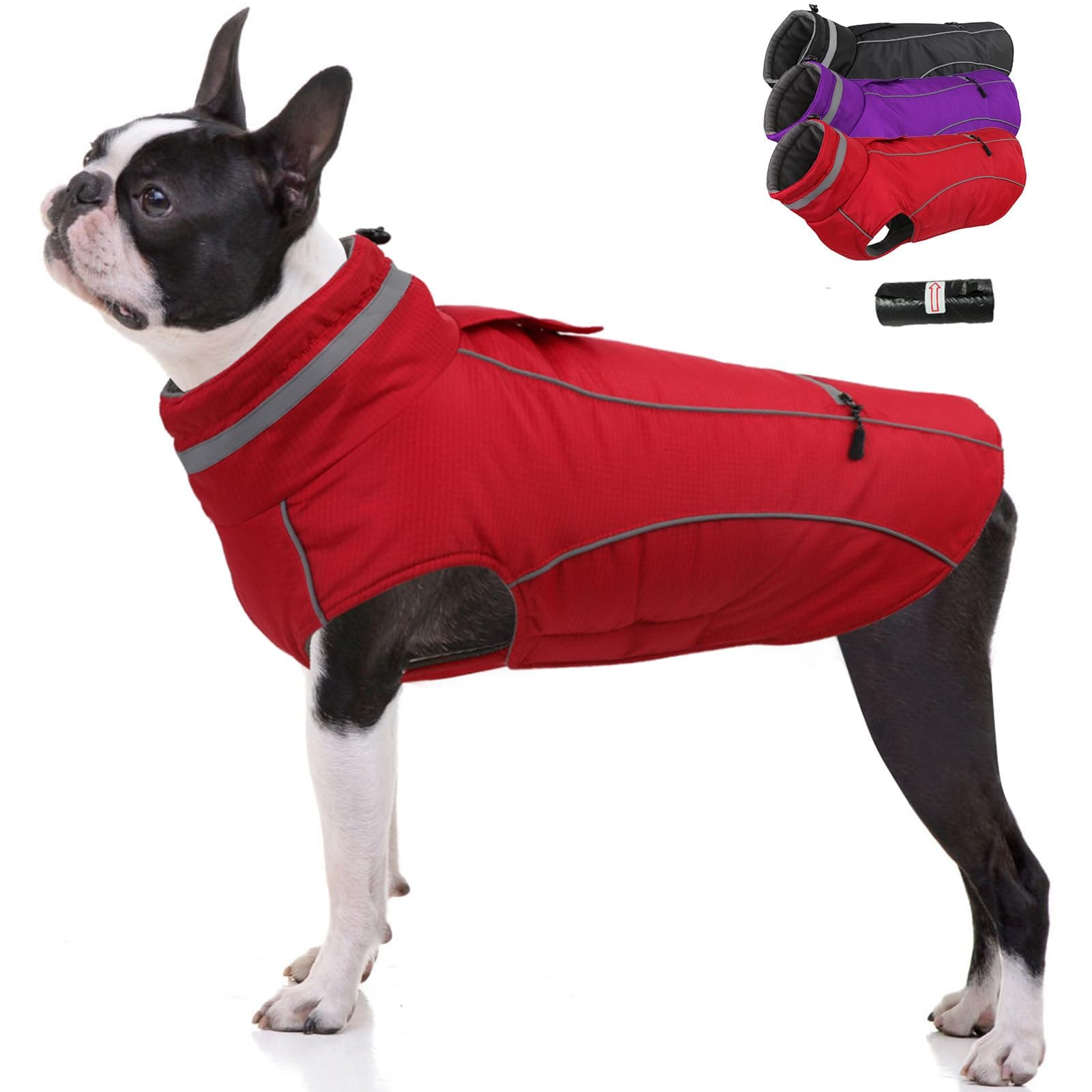 PETDSH Waterproof Dog Coat, Turtleneck Warm Dog Jacket, Dogs Winter Coat with Pocket and Trash Bags, Reflective Puppy Jacket for Winter and Snow (Red,2XL)