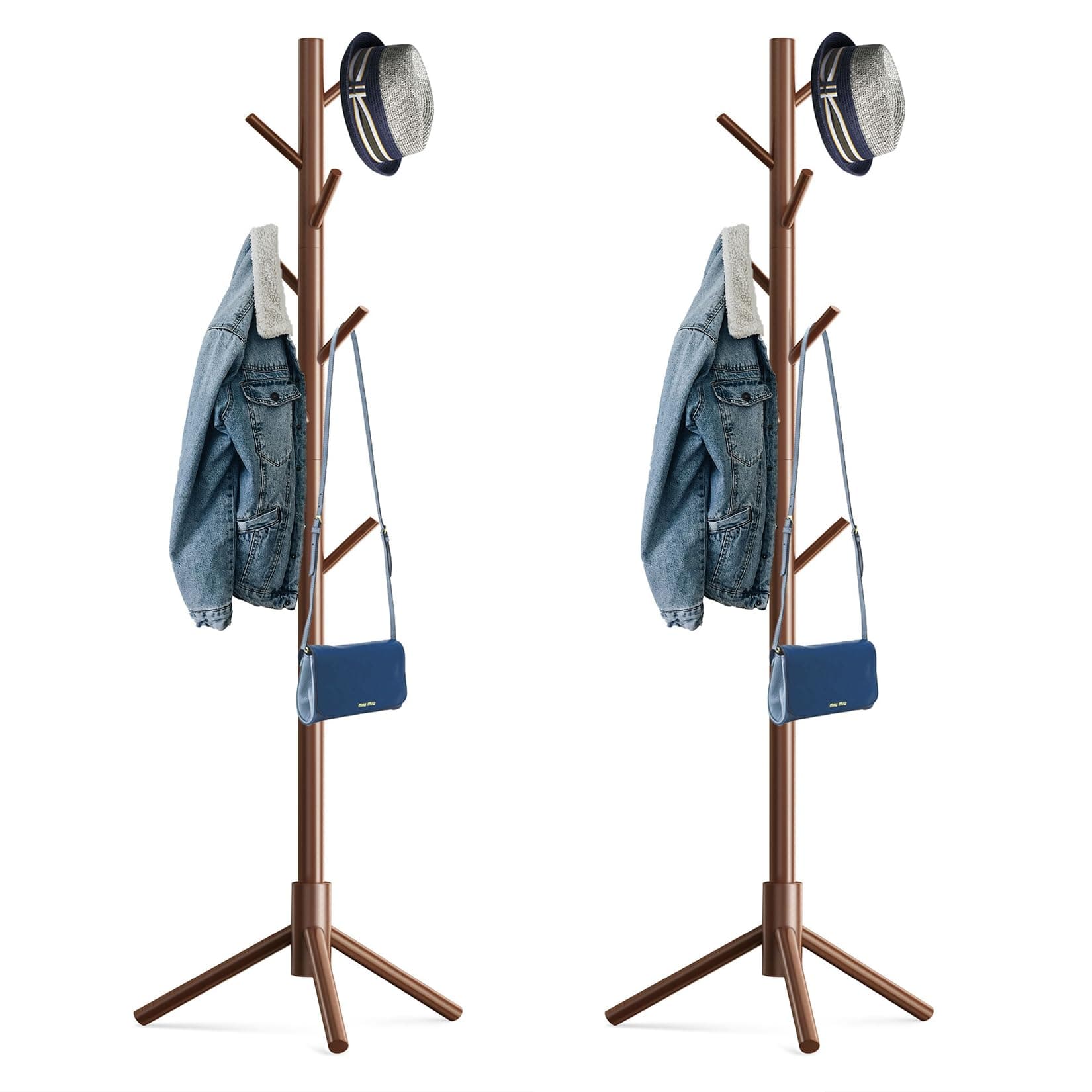 Hupmad Wooden Tree Coat Rack Stand,Sturdy Freestanding Coat Rack with 8 Hooks,3 Adjustable Height for Child Adult,Wood Coat Stand Tree Fits Entryway Bedroom Office for Bags,Hats, 2 Pack