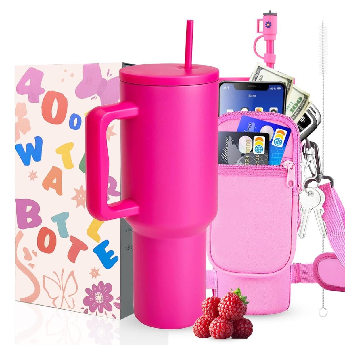 40 oz Tumbler with Handle Lid and Straw & 40 oz Tumbler Accessories - Vacuum Insulated Stainless Steel Double Wall Water Bottle with Strap Bag - Holiday Gifts for Women Men (Doughnut Pink)