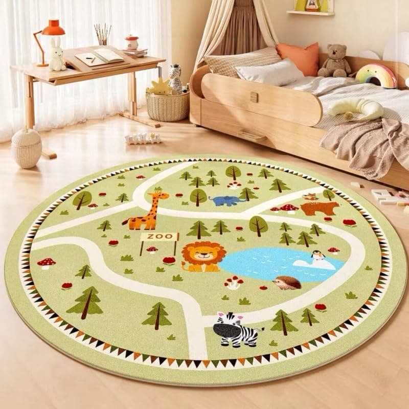 Poowe Round Kids Rug,Lovely Road Washable Non-Slip Children Carpets for Kindergarten Nursery School Rug,Round 39.4"