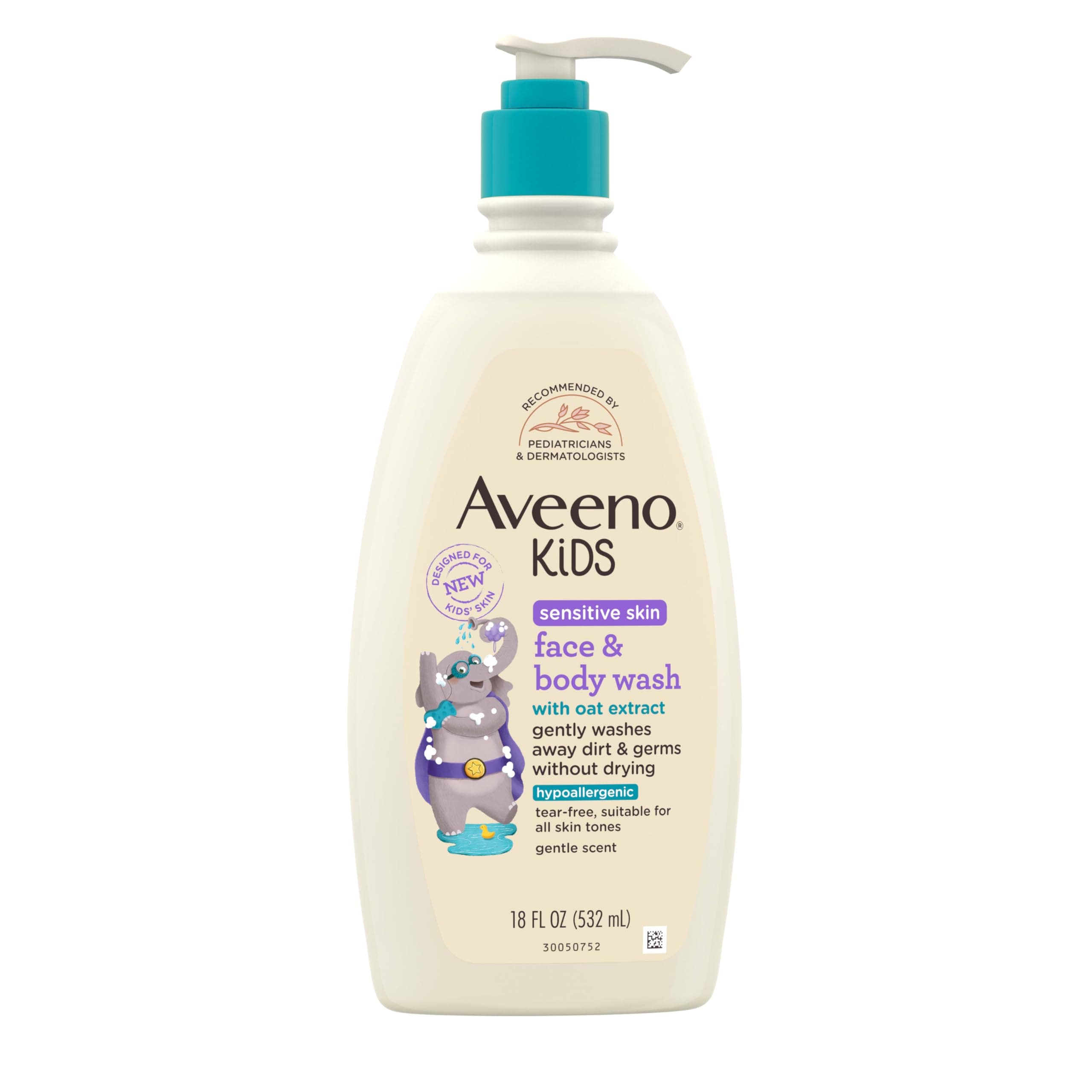Aveeno Kids Sensitive Skin Face & Body Wash, Nourishing Oat Extract, Wash Away Dirt and Germs Without Drying, Kids Body Wash is Tear-Free, Hypoallergenic, Sulfate- & Dye-Free, 18 Fl Oz