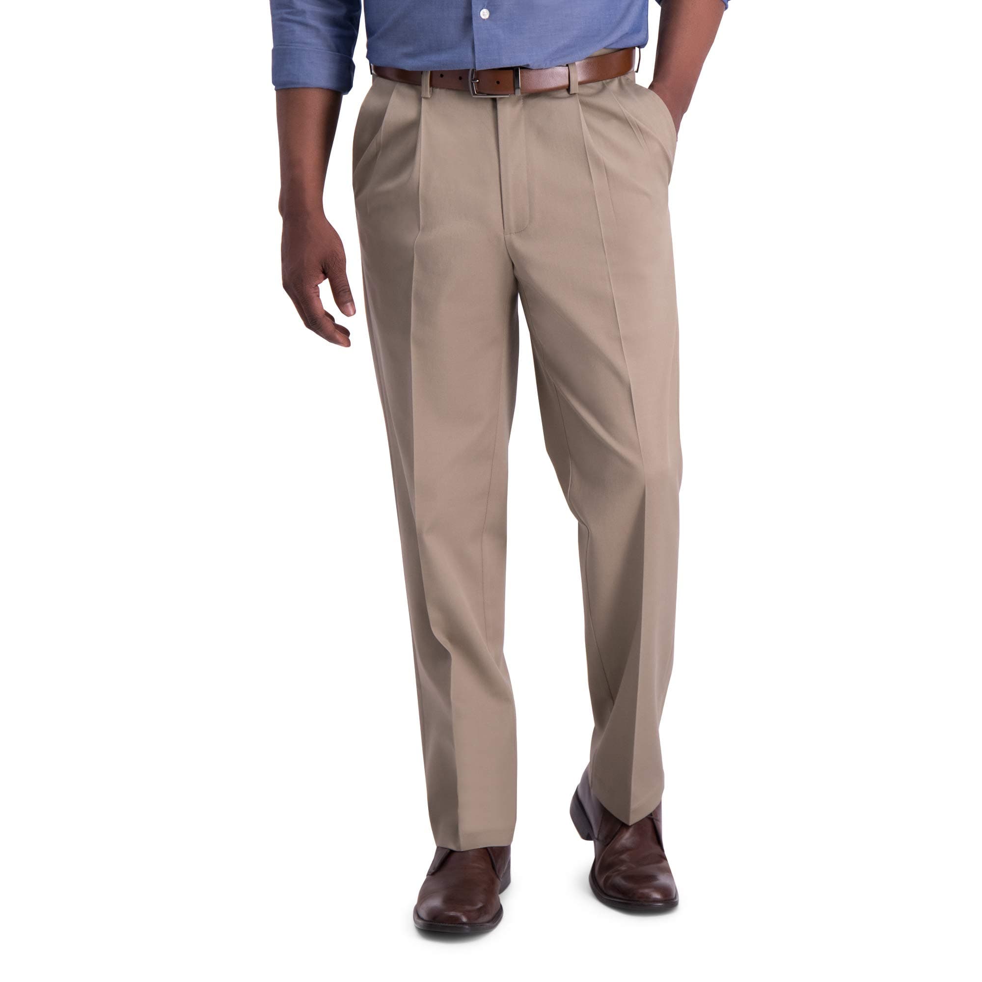 Haggar Men's Iron Free Premium Classic Fit Pleat Front Expandable Waist Casual Pant (Regular and Big & Tall Sizes), Med. Khaki-Bt, 46W x 29L