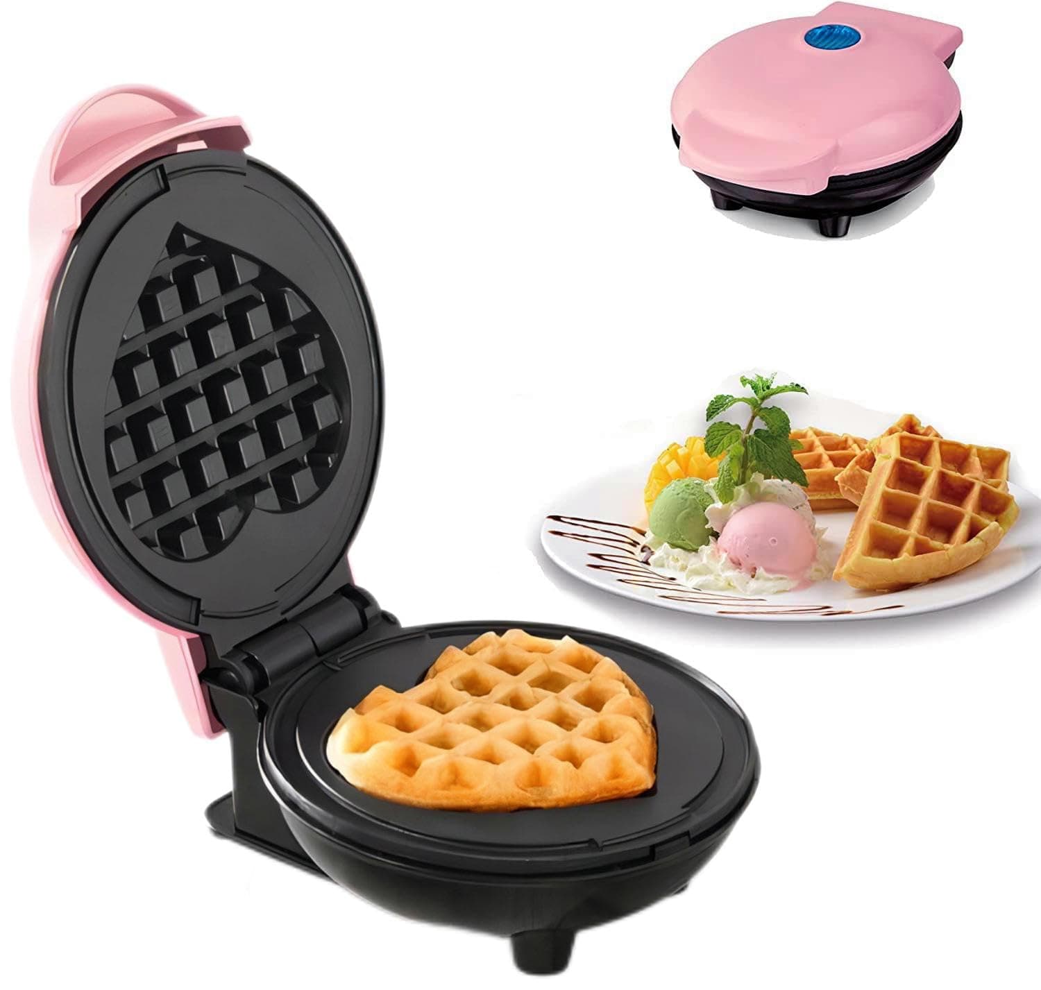 Mini Maker - Non-Stick Heart Shaped Waffle Maker - Mini Maker Waffle Iron, 5" (5"), Adjustable Gold Control, Pink, 1 Count