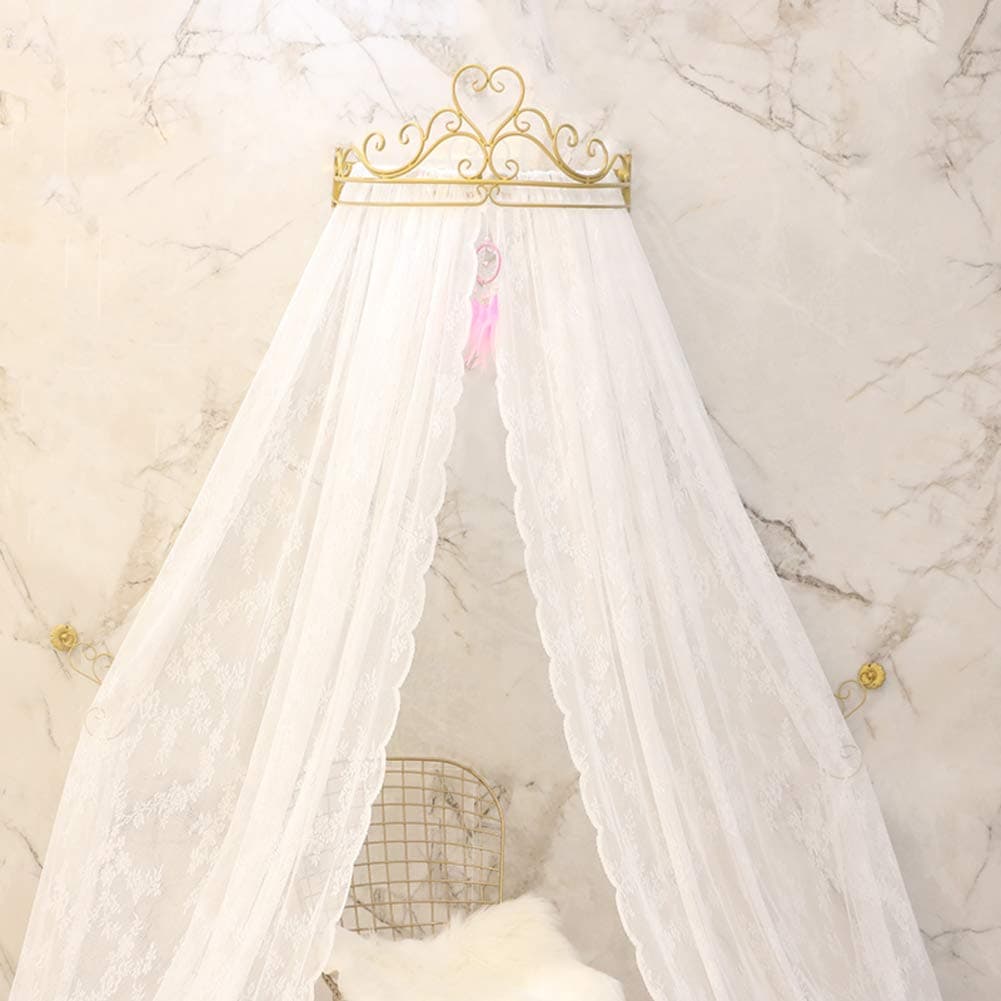 Lace Bed Canopy,Crown Princess Bed Curtain Court Mosquito Net with Decorative Drapery Metal Crown for Bedroom-White